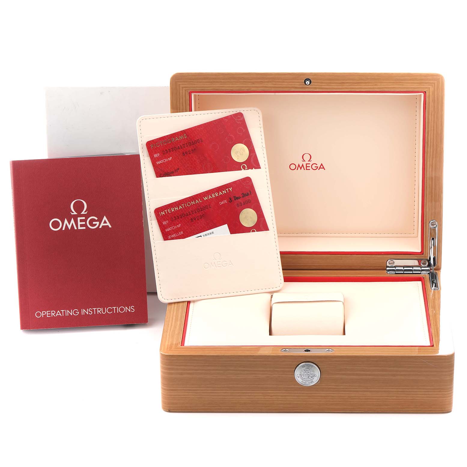 The image shows an Omega Seamaster 233.30.41.21.01.001 Men's Stainless Steel Black Dial 233.30.41.21.01.001 Men's Stainless Steel Black Dial watch box, warranty cards, and an operating instructions booklet.