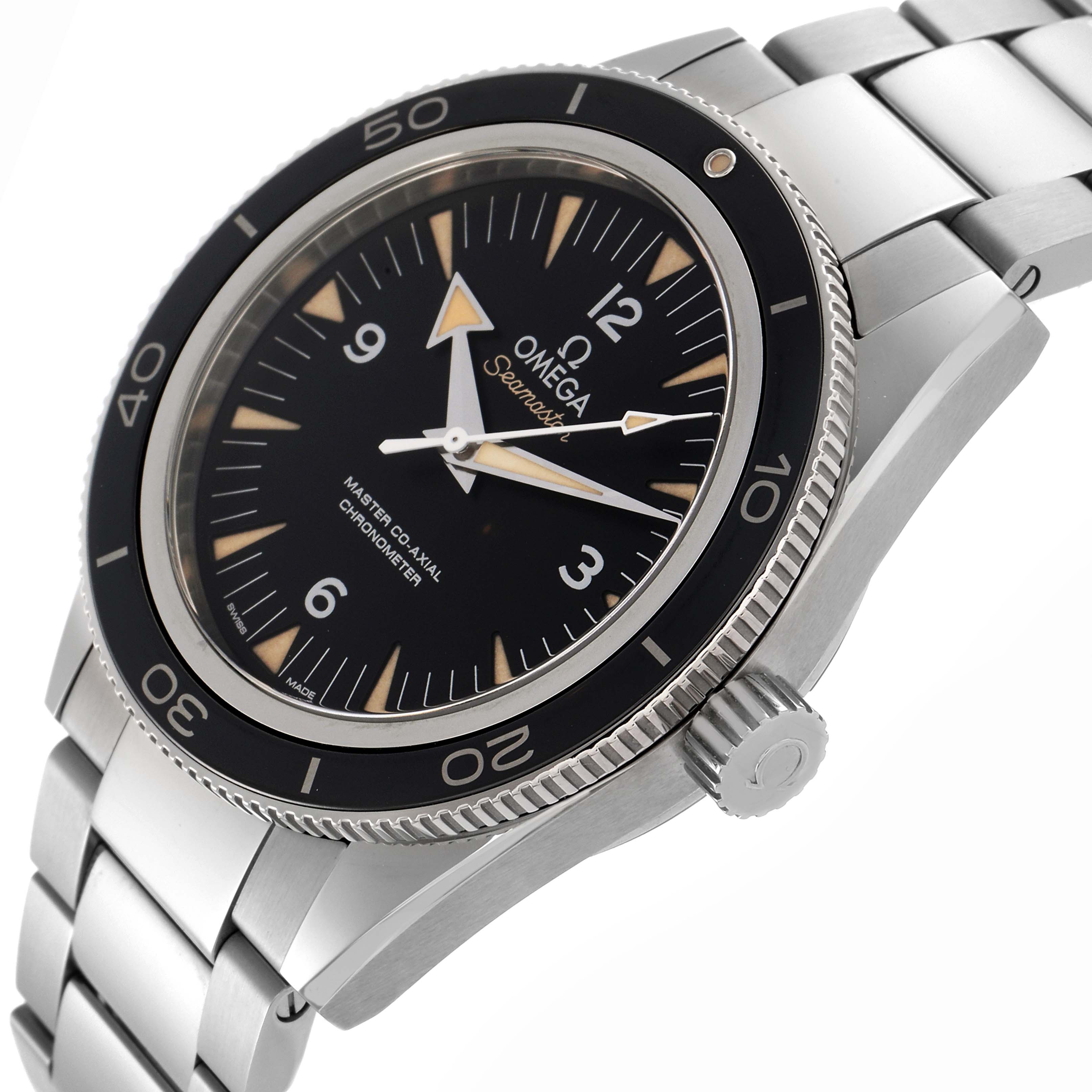The Omega Seamaster 233.30.41.21.01.001 Men's Stainless Steel Black Dial 233.30.41.21.01.001 Men's Stainless Steel Black Dial is shown from a side angle displaying the bezel, case, dial, crown, and part of the bracelet.