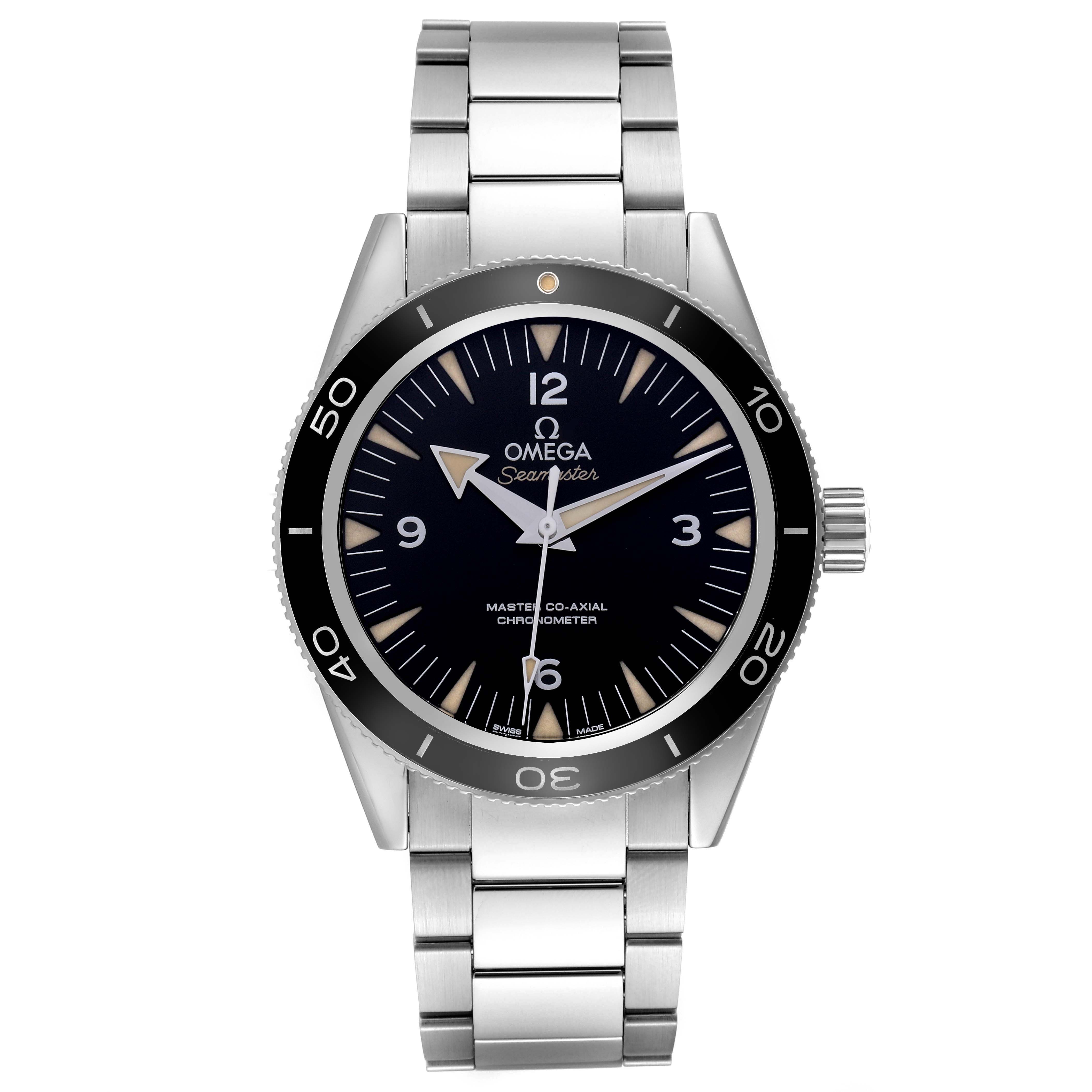 The Omega Seamaster 233.30.41.21.01.001 Men's Stainless Steel Black Dial 233.30.41.21.01.001 Men's Stainless Steel Black Dial watch is shown from the front, displaying the dial, bezel, and bracelet clearly.