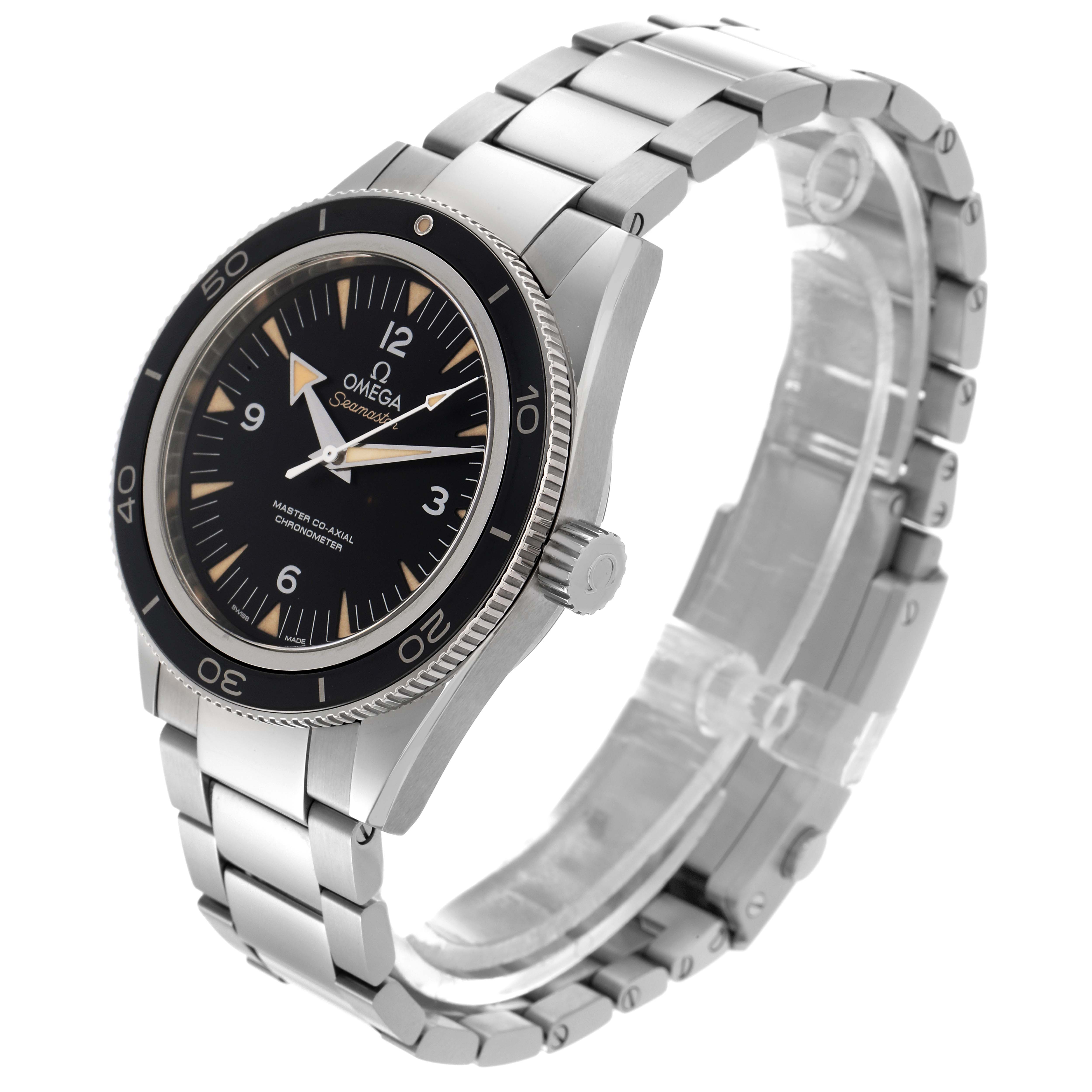 The Omega Seamaster 233.30.41.21.01.001 Men's Stainless Steel Black Dial 233.30.41.21.01.001 Men's Stainless Steel Black Dial watch is shown at a three-quarter angle, displaying the face, bezel, crown, and stainless steel bracelet.