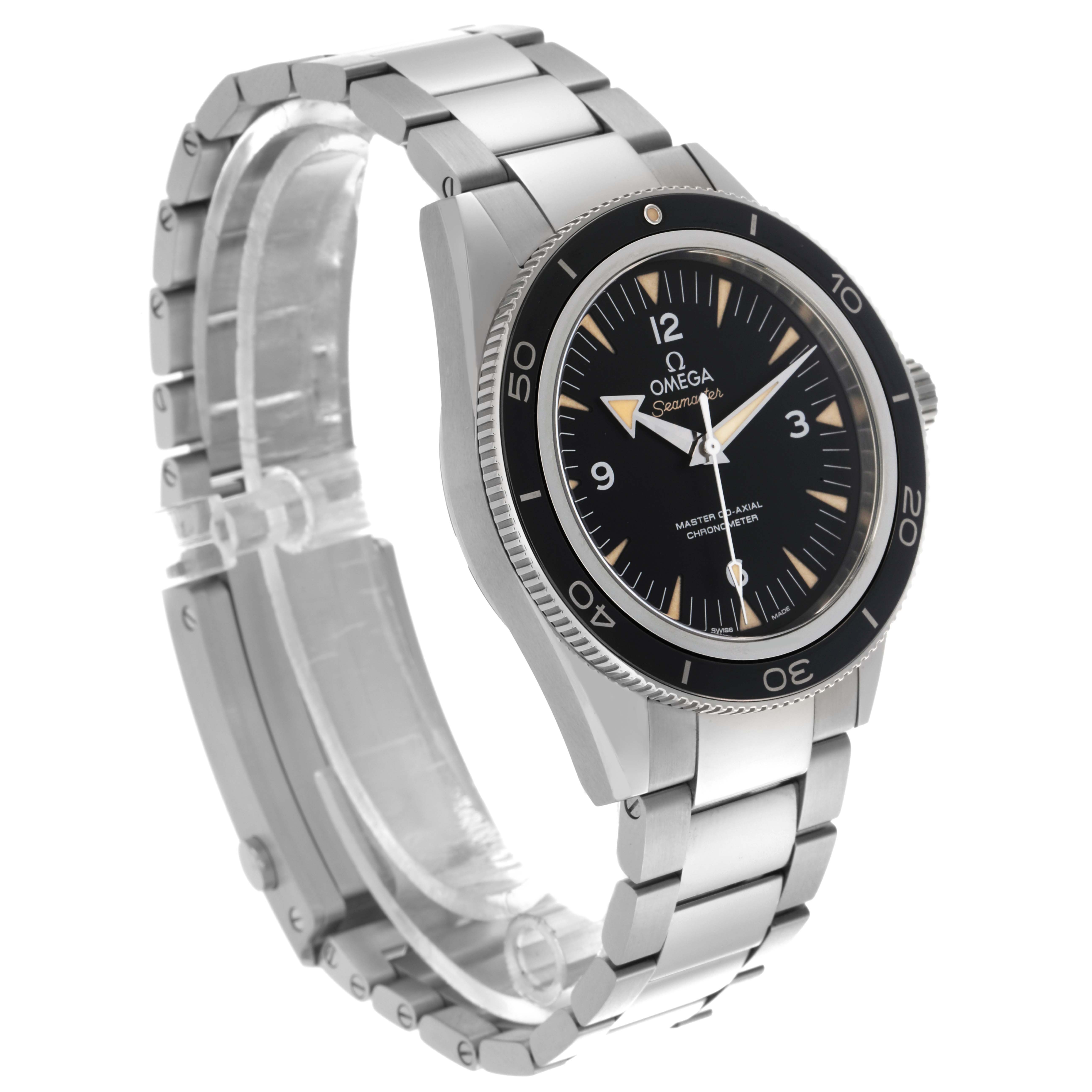 The Omega Seamaster 233.30.41.21.01.001 Men's Stainless Steel Black Dial 233.30.41.21.01.001 Men's Stainless Steel Black Dial is shown from an angled side view, highlighting the bracelet, bezel, and face.