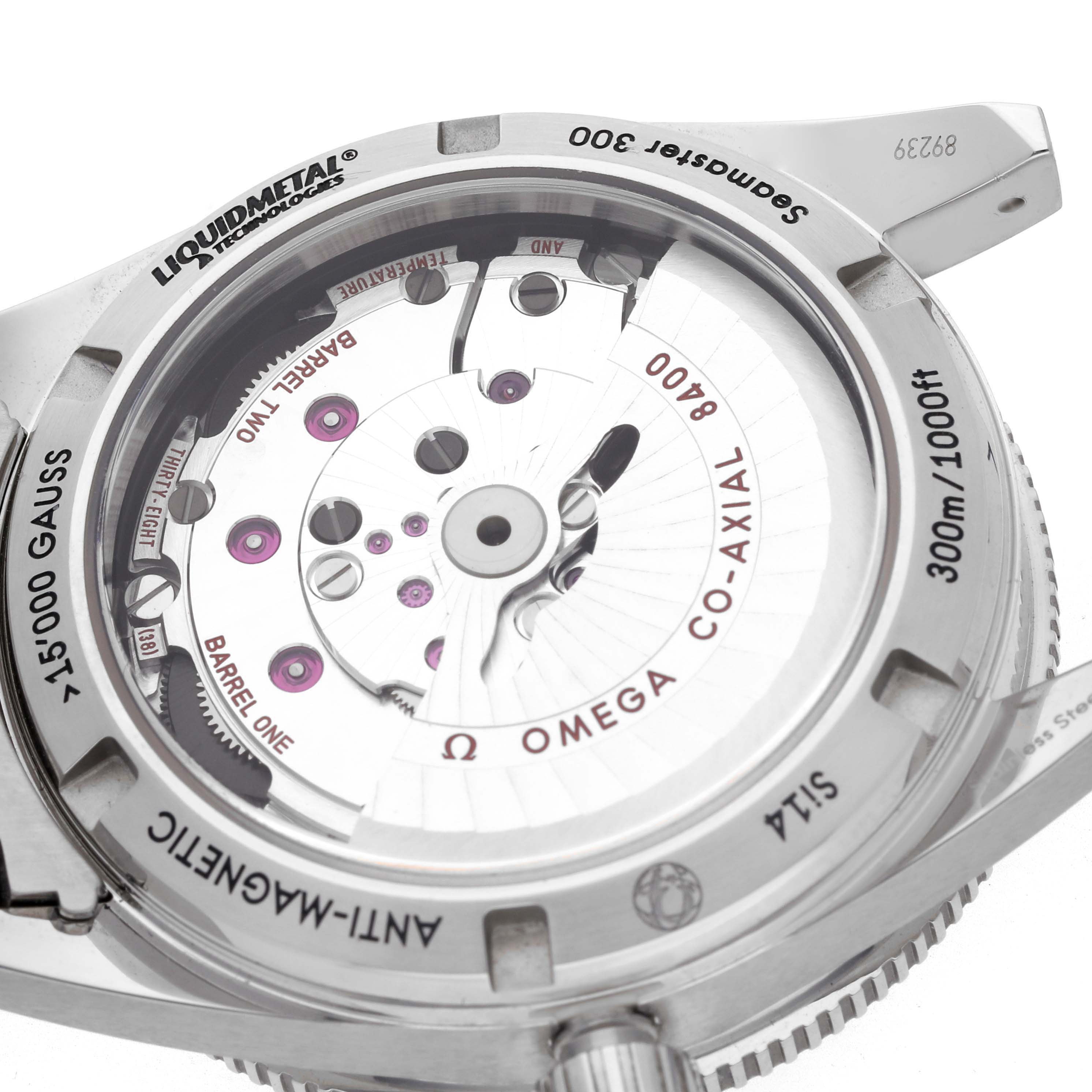 The image shows the back of the Omega Seamaster 233.30.41.21.01.001 Men's Stainless Steel Black Dial 233.30.41.21.01.001 Men's Stainless Steel Black Dial, highlighting its Co-Axial movement and anti-magnetic features.