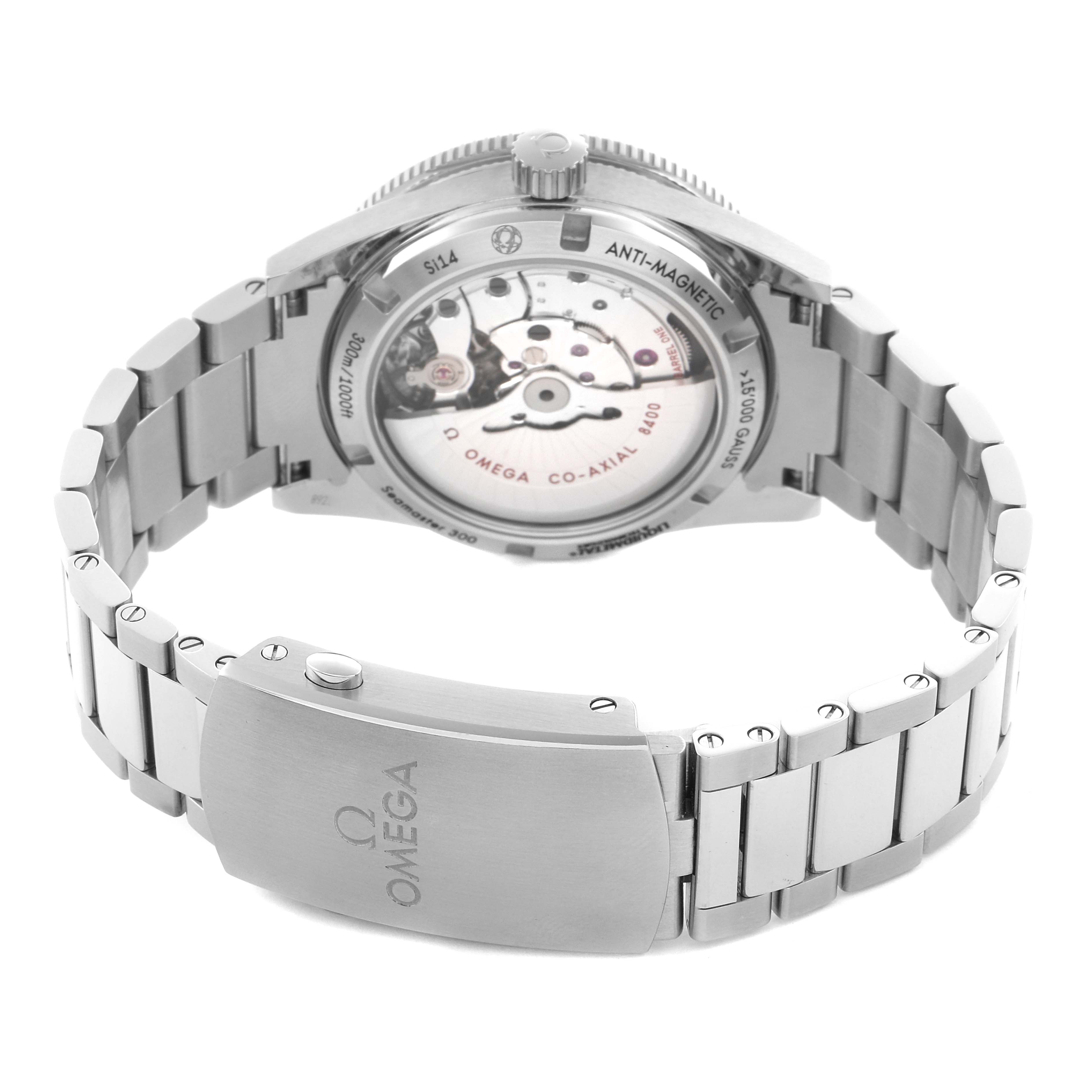 The image shows the back view of an Omega Seamaster 233.30.41.21.01.001 Men's Stainless Steel Black Dial 233.30.41.21.01.001 Men's Stainless Steel Black Dial, highlighting its transparent case back and bracelet with clasp.