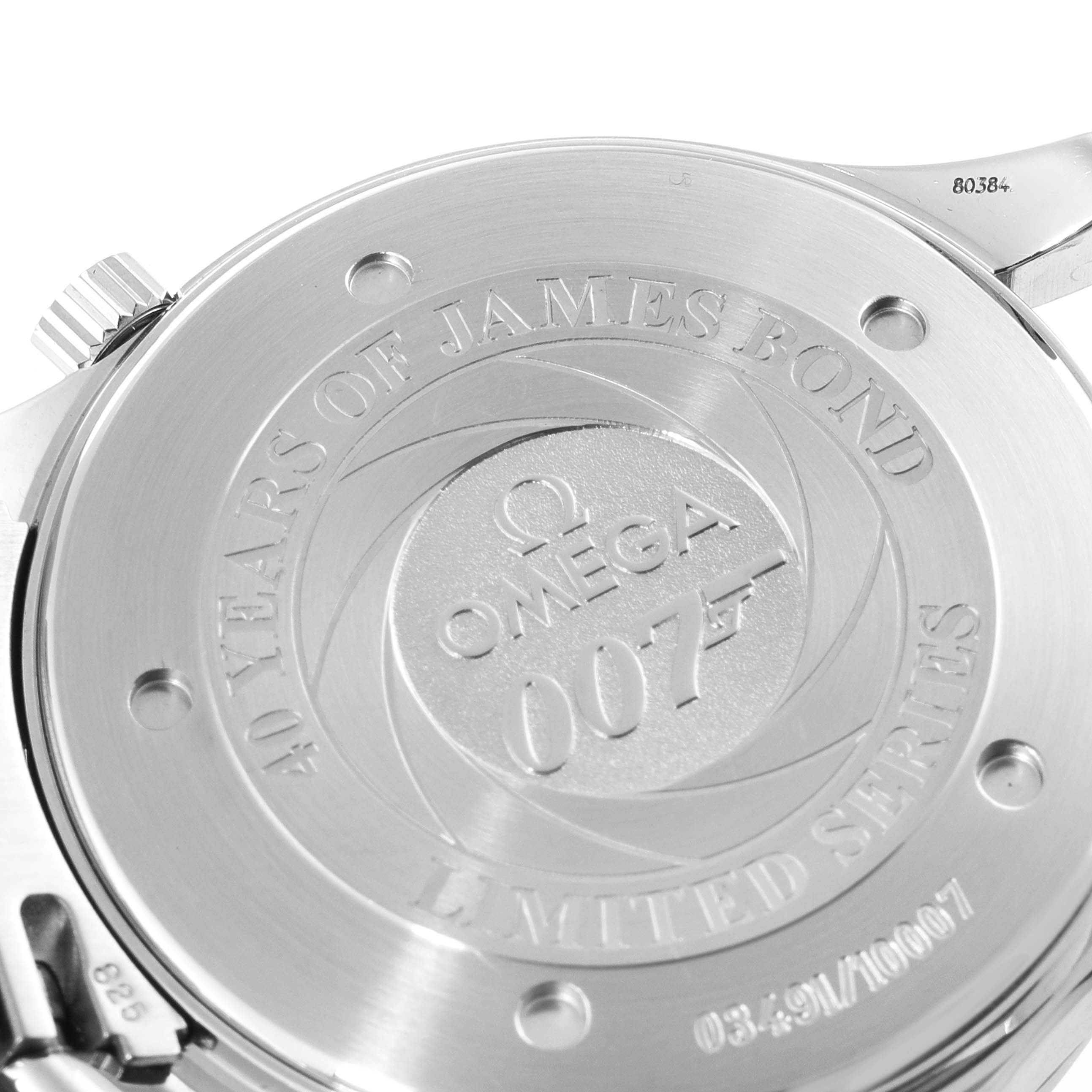 The image shows the case back of an Omega Seamaster 2537.80.00 Men's Stainless Steel Blue Dial 2537.80.00 Men's Stainless Steel Blue Dial watch, highlighting the "40 Years of James Bond" limited series engraving.