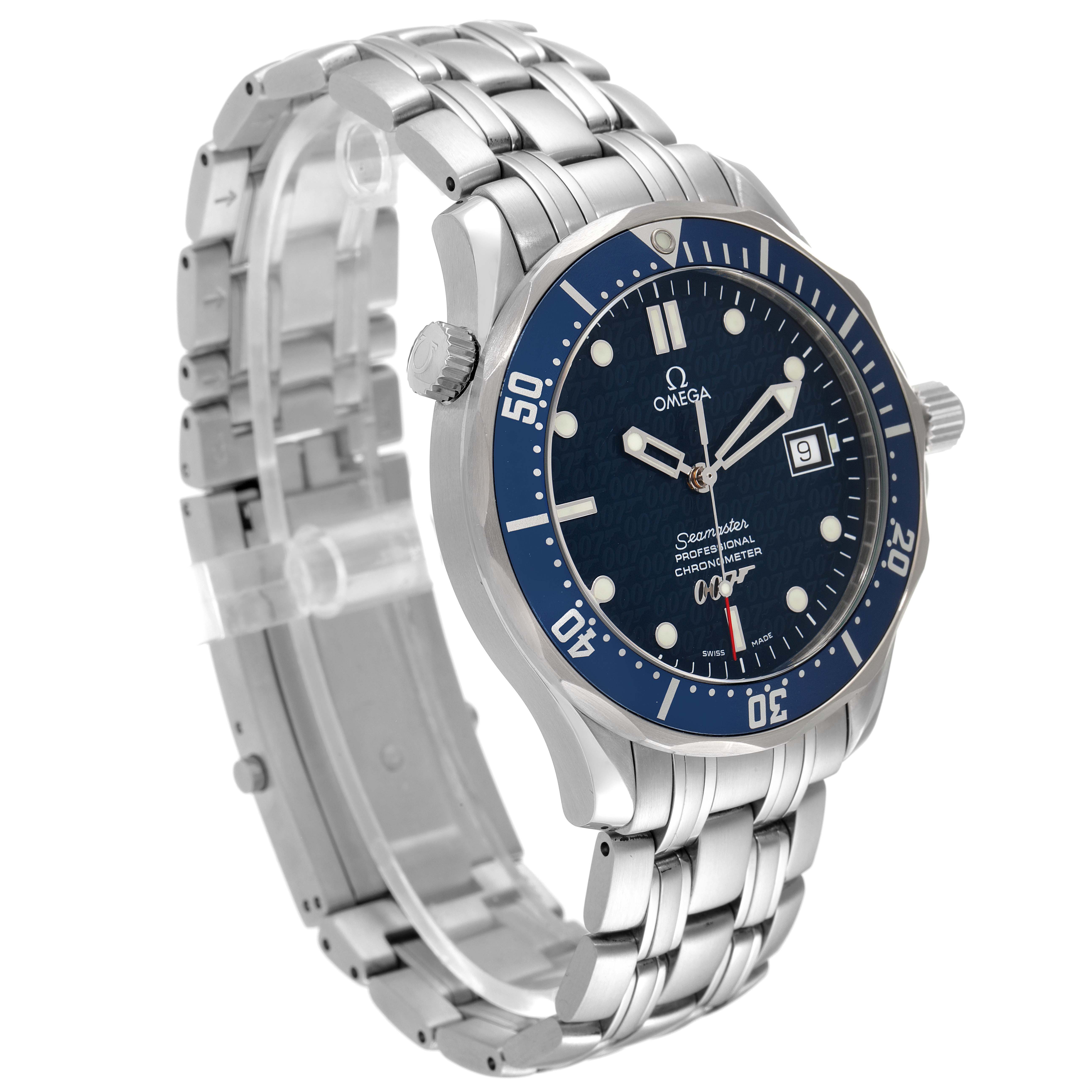The image shows a side-angle view of the Omega Seamaster 2537.80.00 Men's Stainless Steel Blue Dial 2537.80.00 Men's Stainless Steel Blue Dial watch, highlighting its bracelet, dial, bezel, and date window.