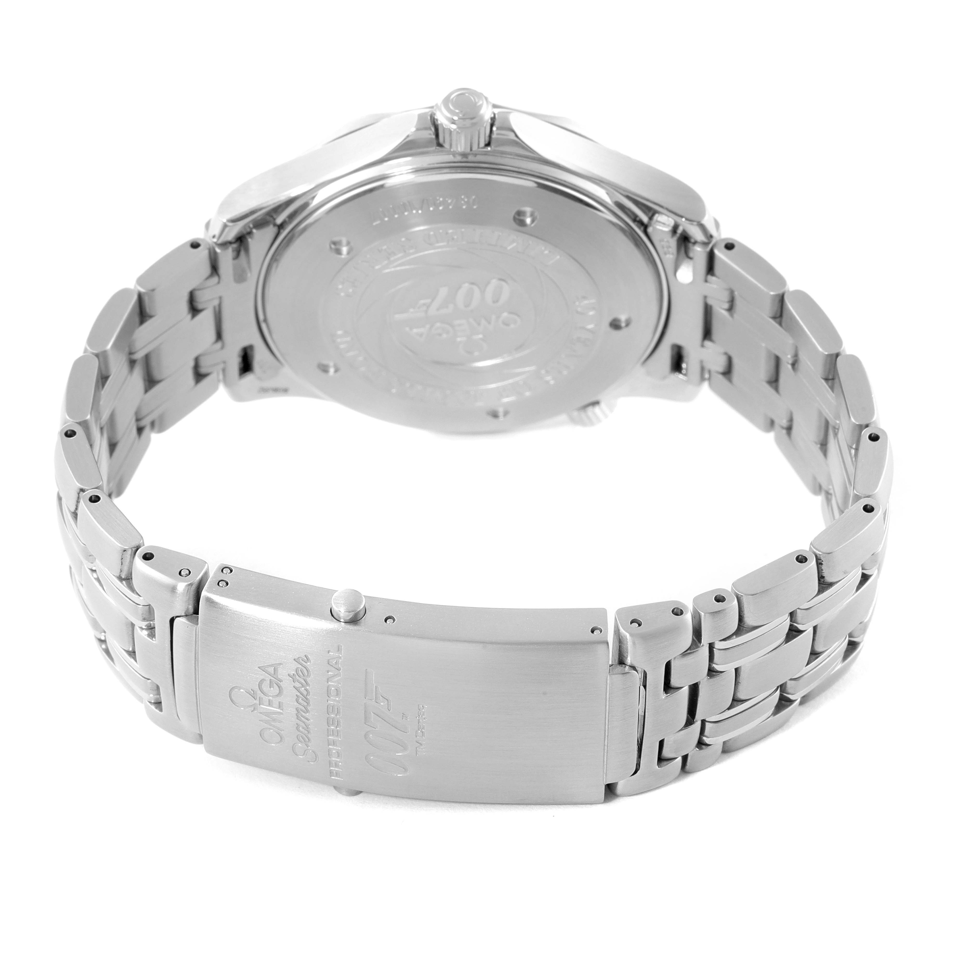 The image shows the back angle of an Omega Seamaster 2537.80.00 Men's Stainless Steel Blue Dial 2537.80.00 Men's Stainless Steel Blue Dial watch, focusing on the case back and the clasp with engraved details.