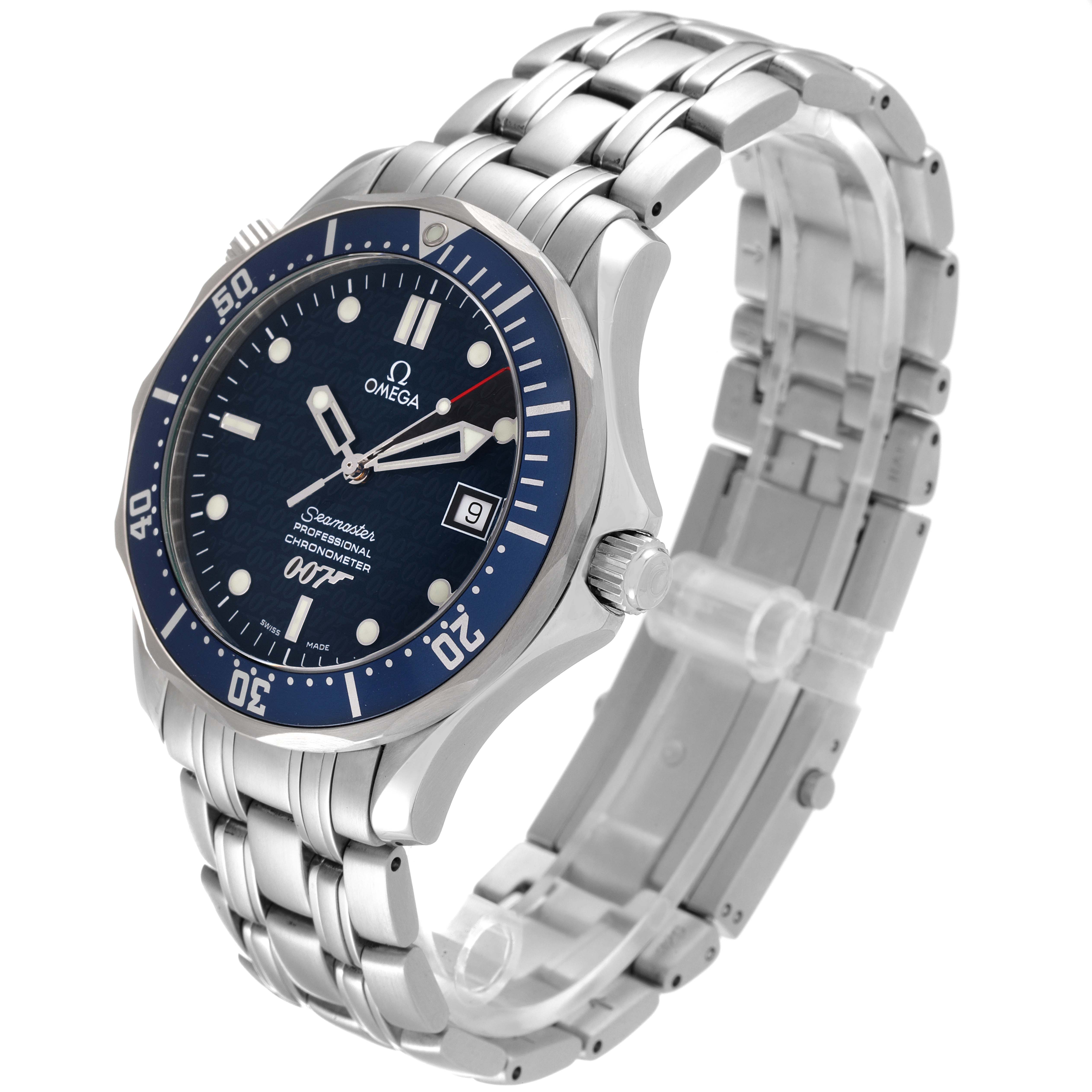 The Omega Seamaster 2537.80.00 Men's Stainless Steel Blue Dial 2537.80.00 Men's Stainless Steel Blue Dial watch is shown at an angle highlighting its face, bezel, and stainless steel bracelet.