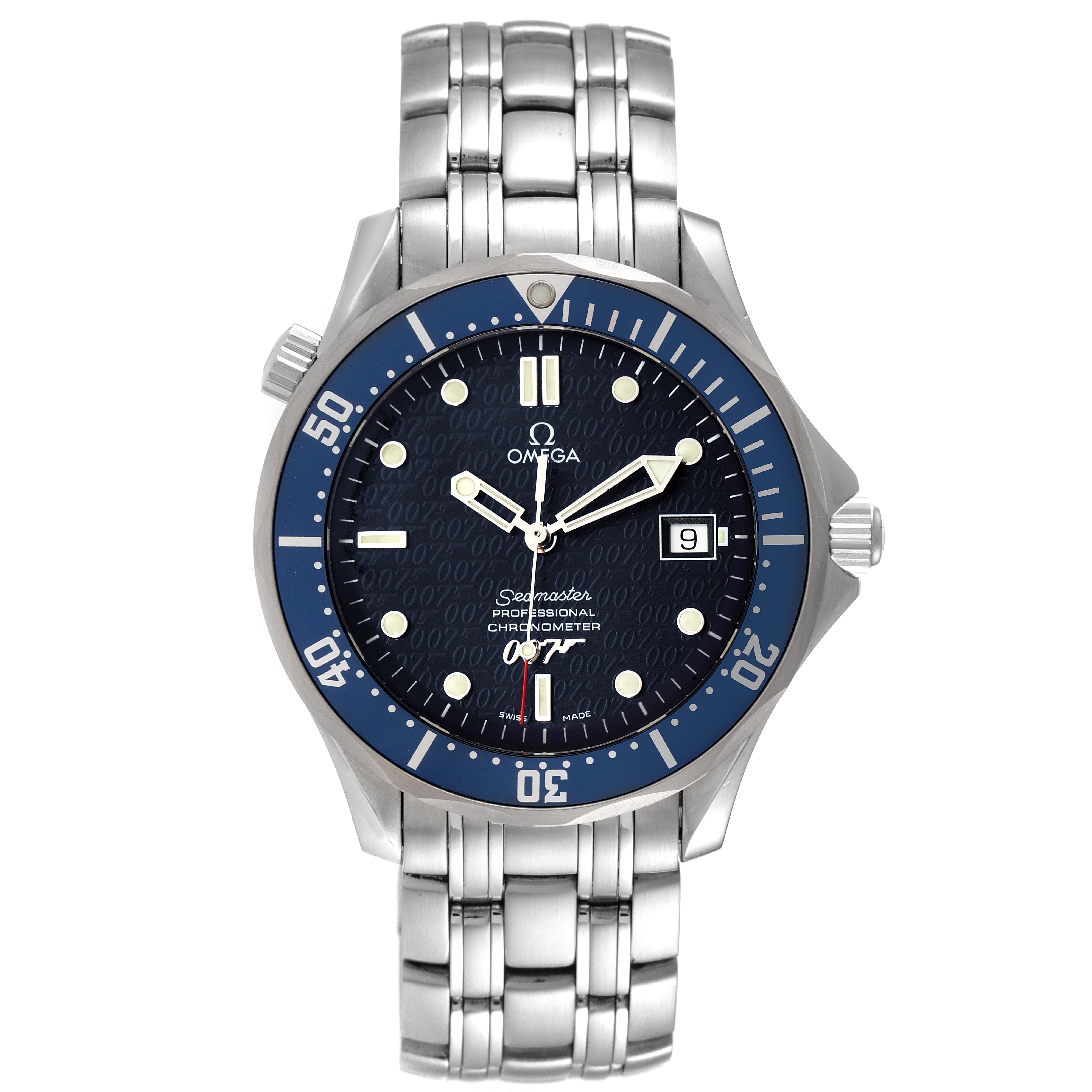 This Omega Seamaster 2537.80.00 Men's Stainless Steel Blue Dial 2537.80.00 Men's Stainless Steel Blue Dial watch is shown from the front, displaying the dial, bezel, bracelet, and crown.