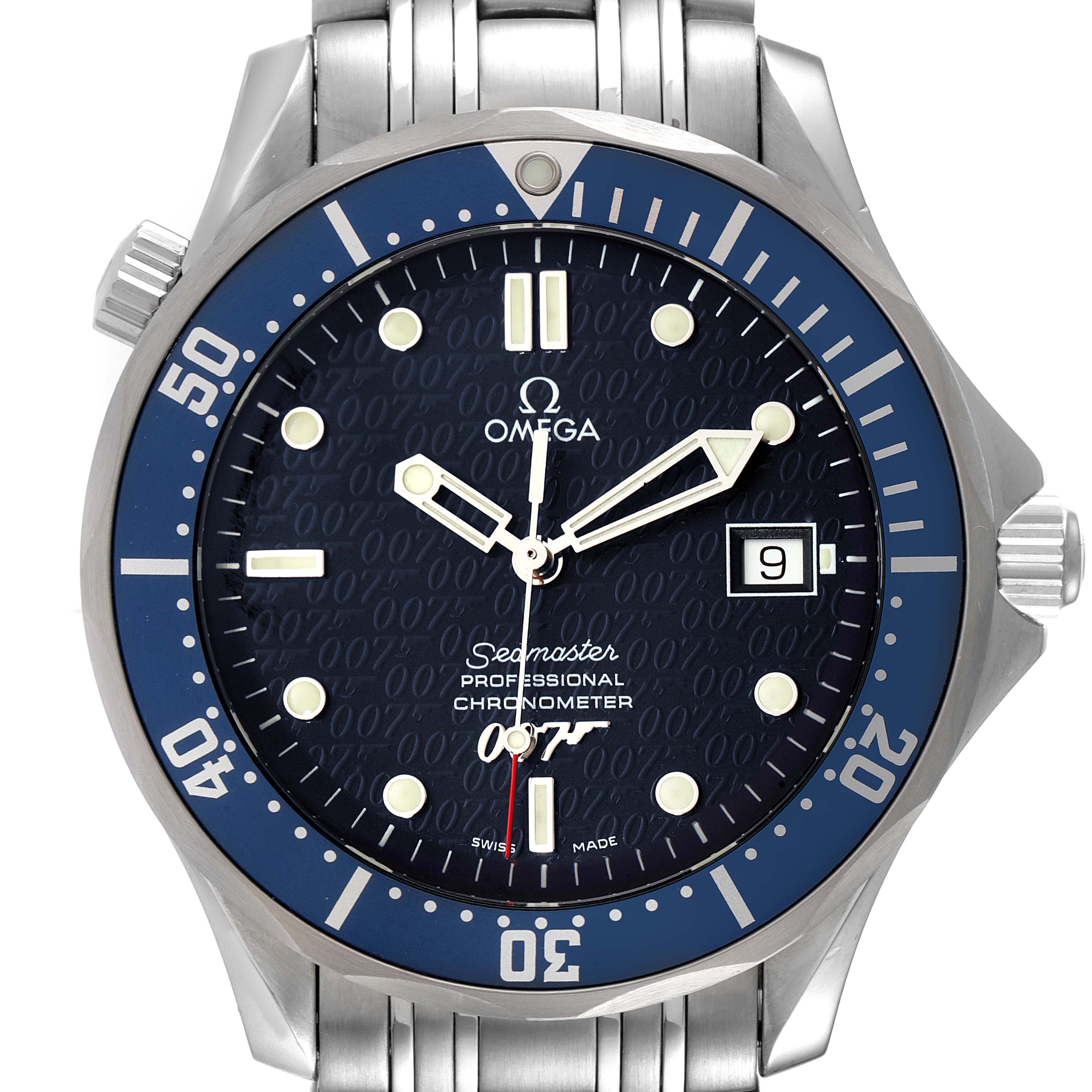 This image shows a front view of the Omega Seamaster 2537.80.00 Men's Stainless Steel Blue Dial 2537.80.00 Men's Stainless Steel Blue Dial watch, highlighting the dial, bezel, hands, bracelet, and date window.