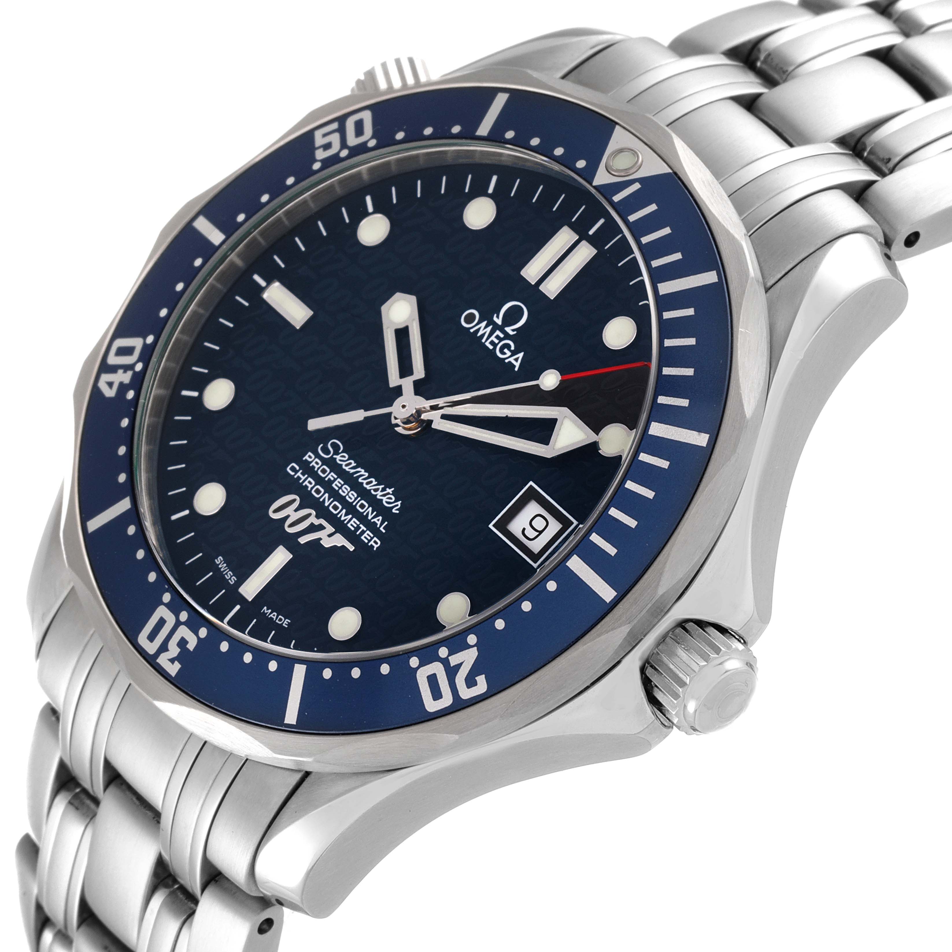 The image shows a close-up side angle of an Omega Seamaster 2537.80.00 Men's Stainless Steel Blue Dial 2537.80.00 Men's Stainless Steel Blue Dial watch, highlighting its dial, bezel, crown, and bracelet.