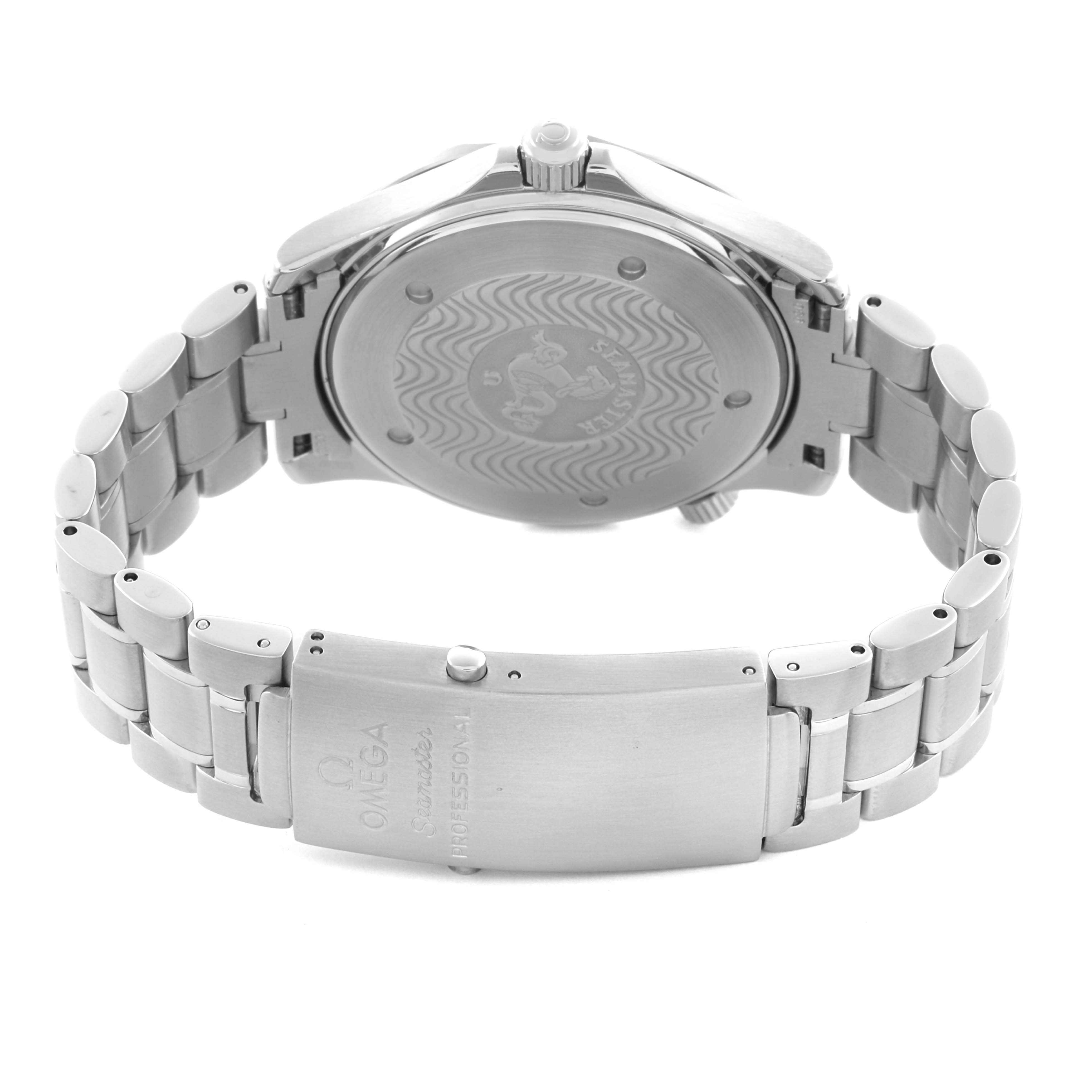 The Omega Seamaster 2264.50.00 Men
s Stainless Steel Black Dial 2264.50.00 Men
s Stainless Steel Black Dial watch is shown from the back, highlighting the case back and metal bracelet with a view of the clasp.