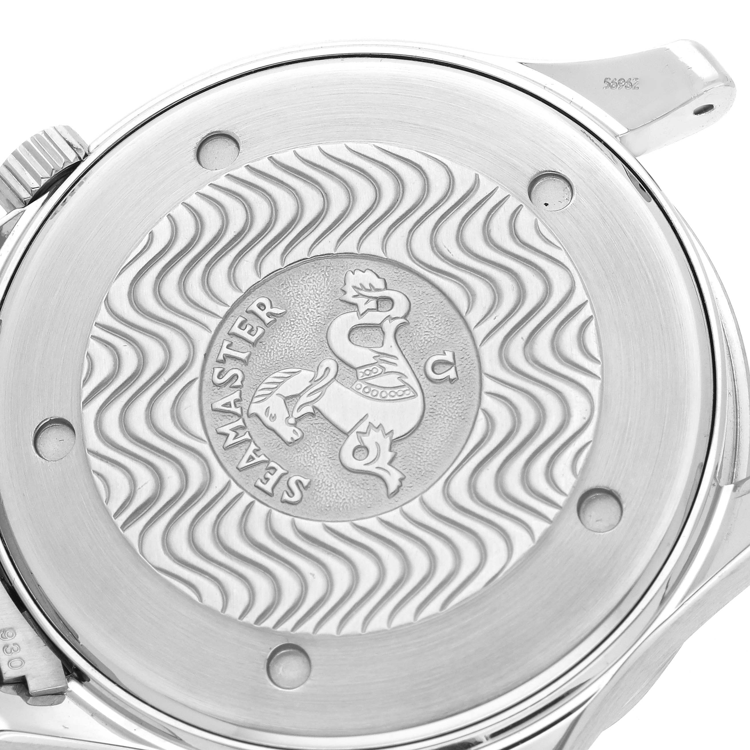 The image shows the back of an Omega Seamaster 2264.50.00 Men
s Stainless Steel Black Dial 2264.50.00 Men
s Stainless Steel Black Dial watch, highlighting its detailed engraved design.