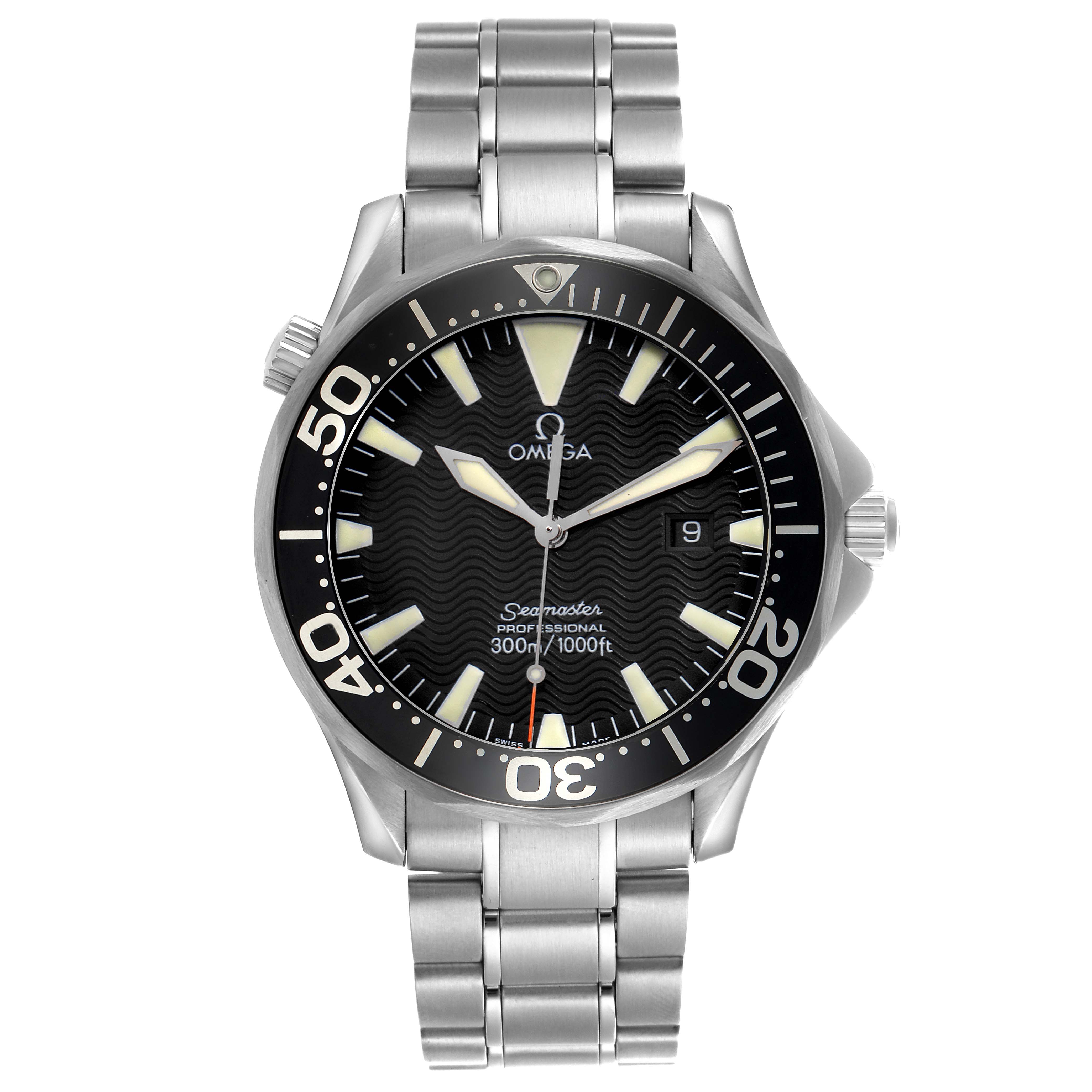 The Omega Seamaster 2264.50.00 Men
s Stainless Steel Black Dial 2264.50.00 Men
s Stainless Steel Black Dial watch is shown from the front, displaying the dial, bezel, crown, and bracelet.