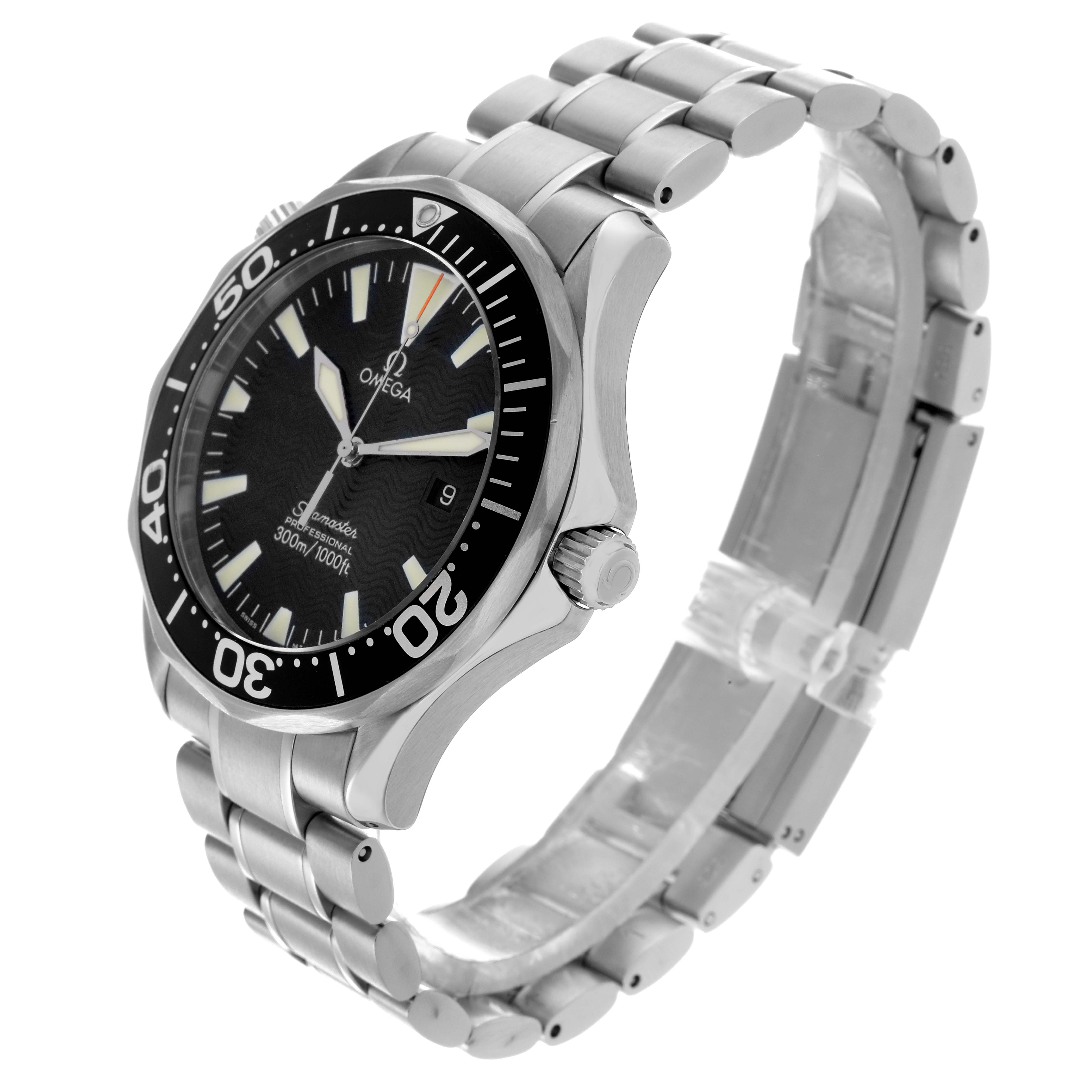 The Omega Seamaster 2264.50.00 Men
s Stainless Steel Black Dial 2264.50.00 Men
s Stainless Steel Black Dial watch is shown at a slight angle, highlighting the black dial, bezel, and stainless steel bracelet.