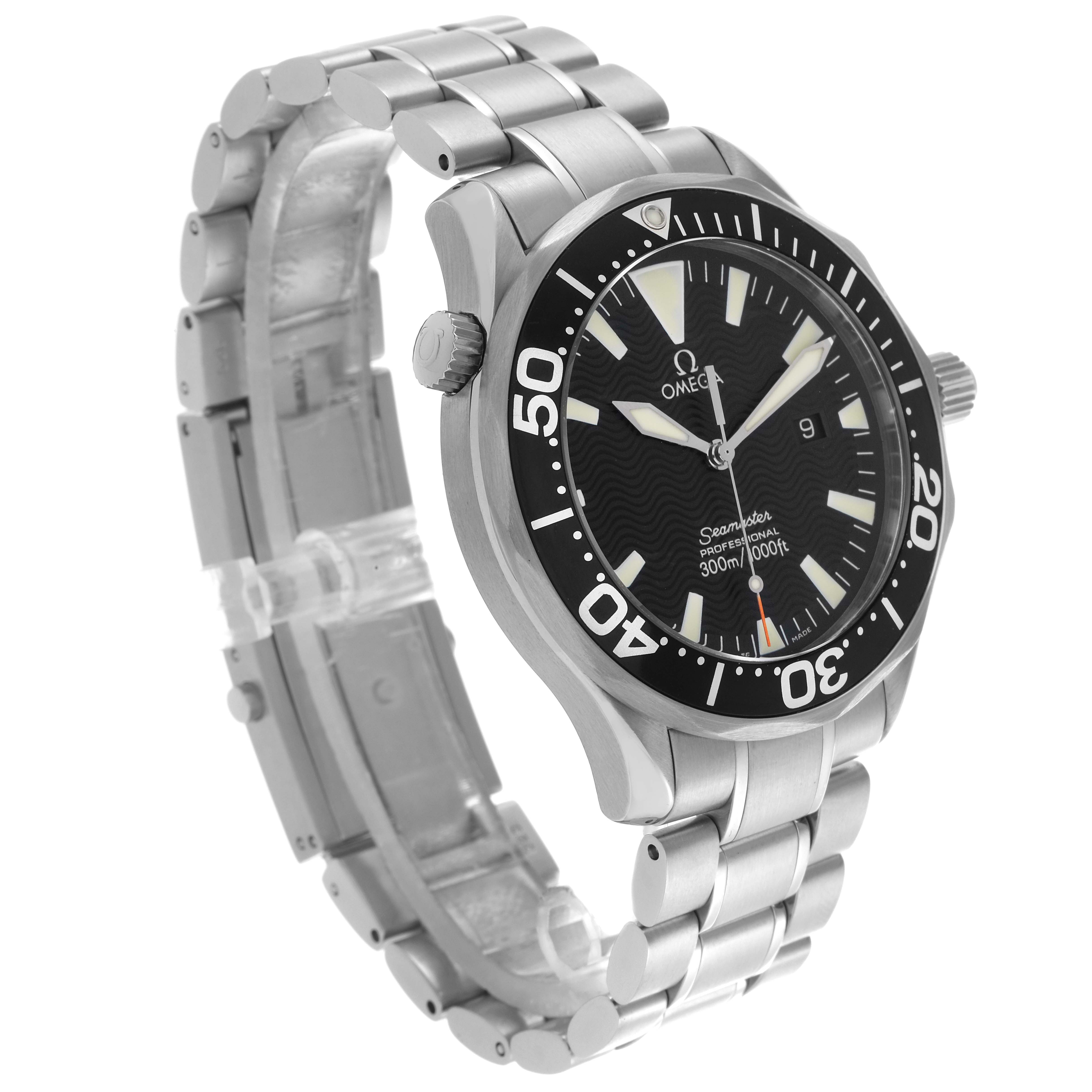 The Omega Seamaster 2264.50.00 Men
s Stainless Steel Black Dial 2264.50.00 Men
s Stainless Steel Black Dial watch is shown from a front-side angle, highlighting the bezel, dial, and stainless steel bracelet.