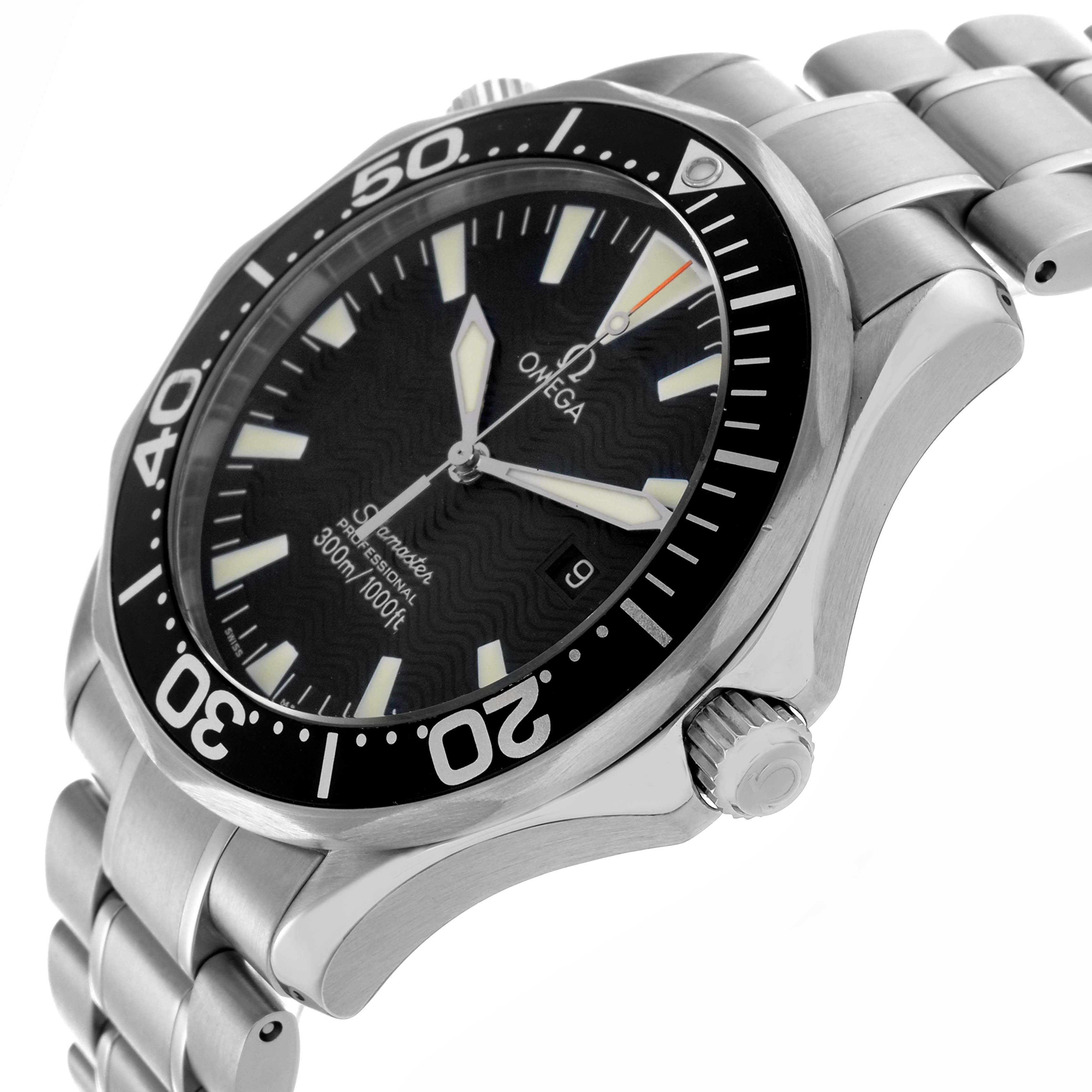 The Omega Seamaster 2264.50.00 Men
s Stainless Steel Black Dial 2264.50.00 Men
s Stainless Steel Black Dial watch is shown at an angled side view, highlighting the bezel, crown, case, and part of the bracelet.