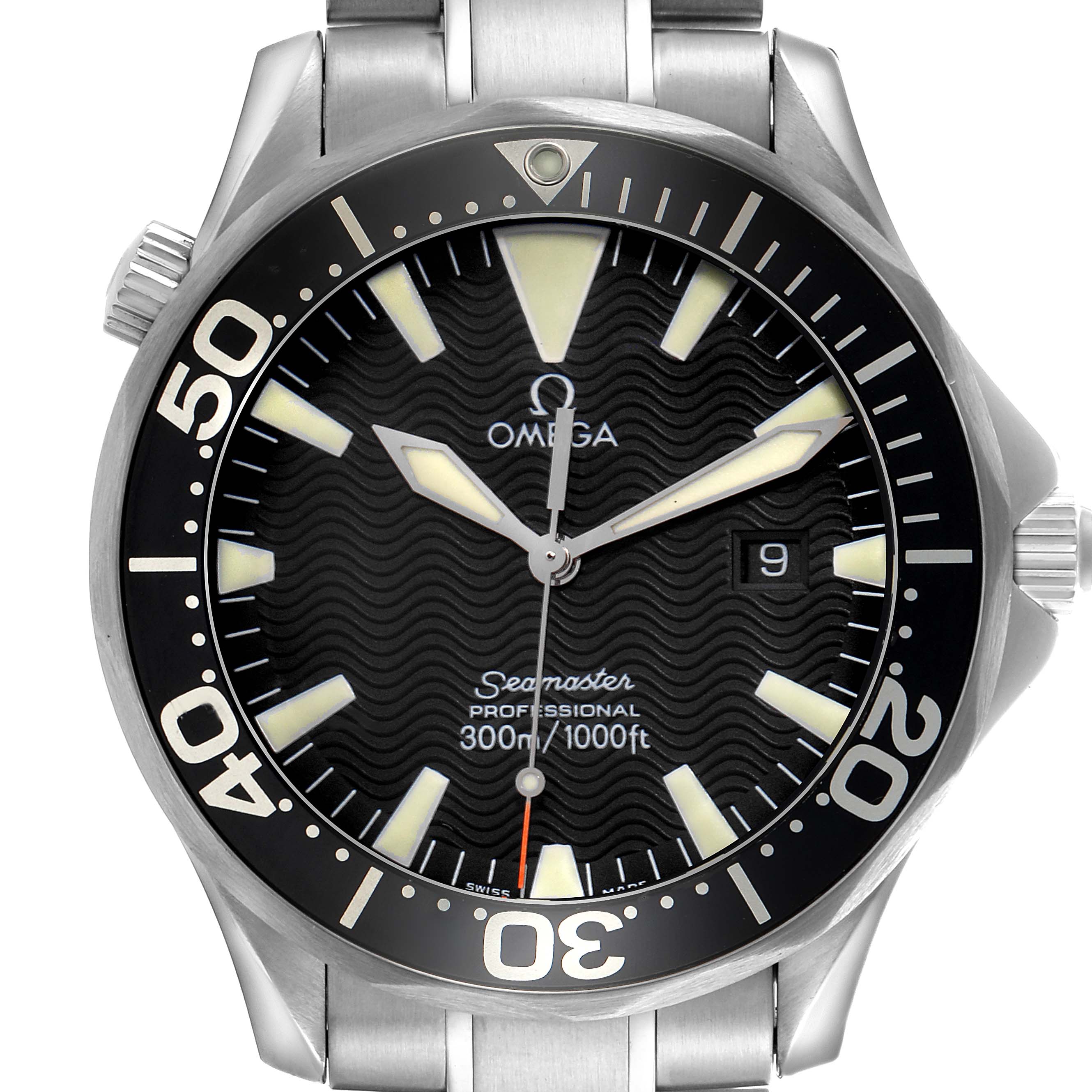 The Omega Seamaster 2264.50.00 Men
s Stainless Steel Black Dial 2264.50.00 Men
s Stainless Steel Black Dial watch is shown from the front, highlighting its bezel, dial, hands, and date window.