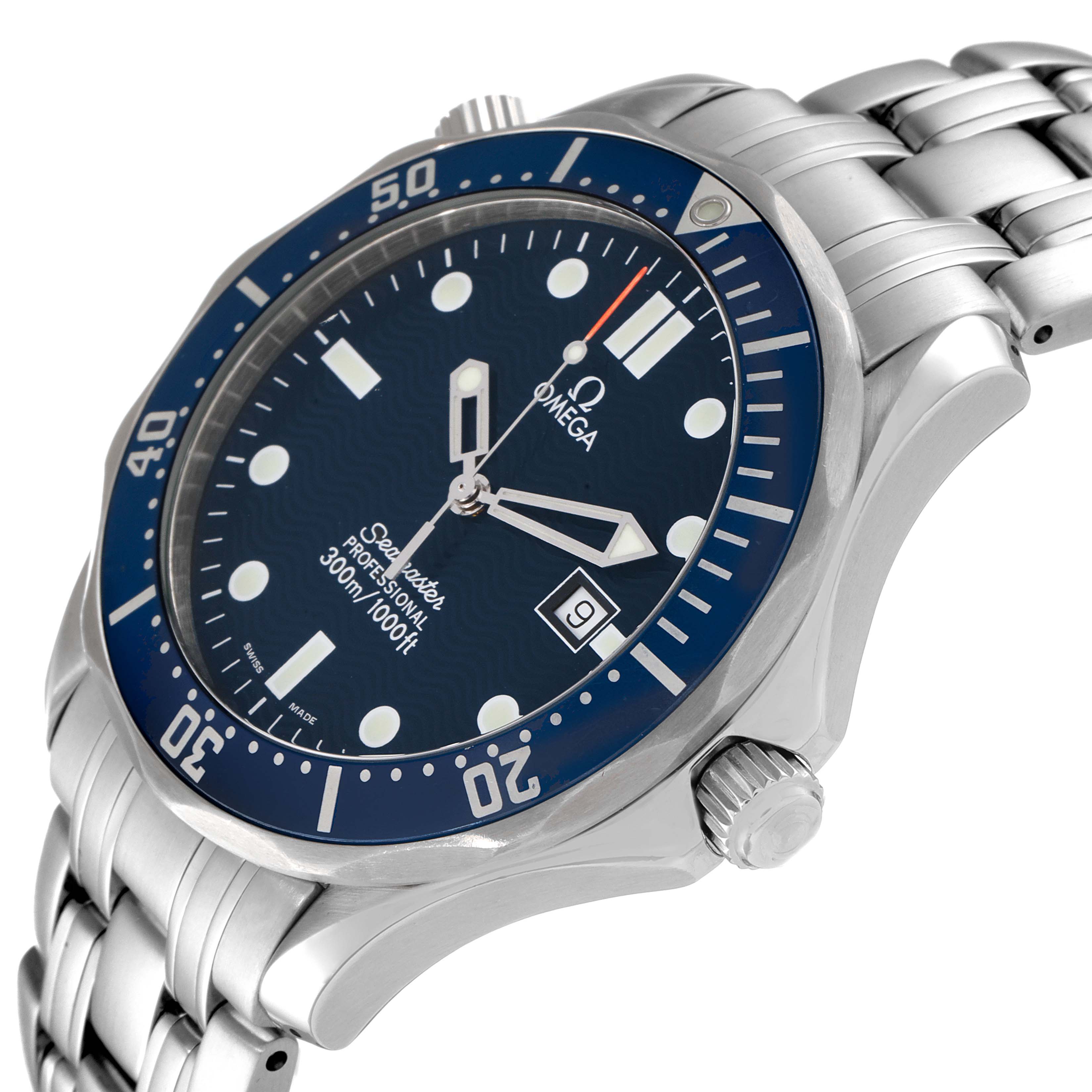 The image shows an angled view of the Omega Seamaster 2541.80.00 Men's Stainless Steel Blue Dial 2541.80.00 Men's Stainless Steel Blue Dial watch, highlighting its blue dial, bezel, crown, and stainless steel bracelet.