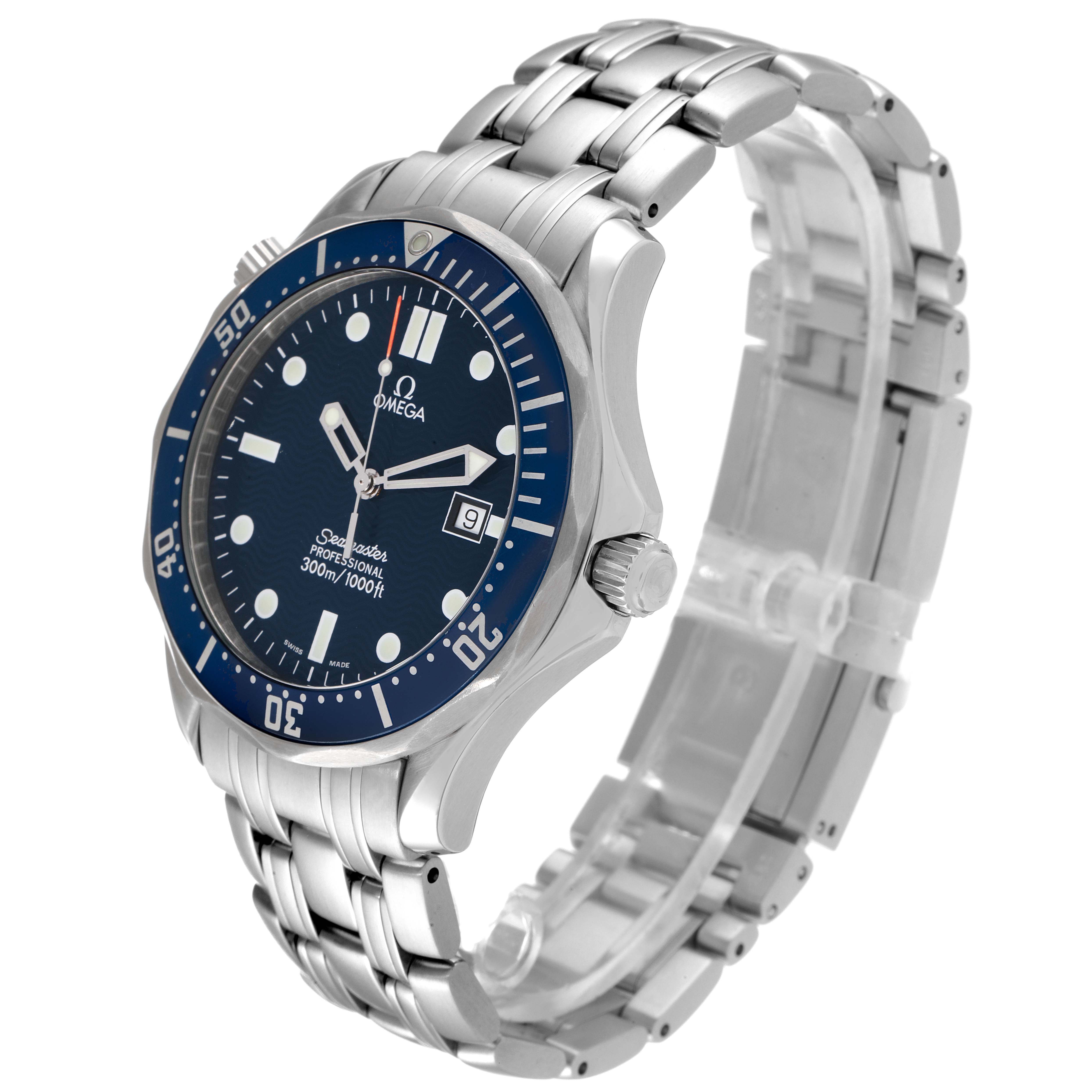This Omega Seamaster 2541.80.00 Men's Stainless Steel Blue Dial 2541.80.00 Men's Stainless Steel Blue Dial watch is shown from an angled side view, highlighting its dial, bezel, crown, and metal bracelet.