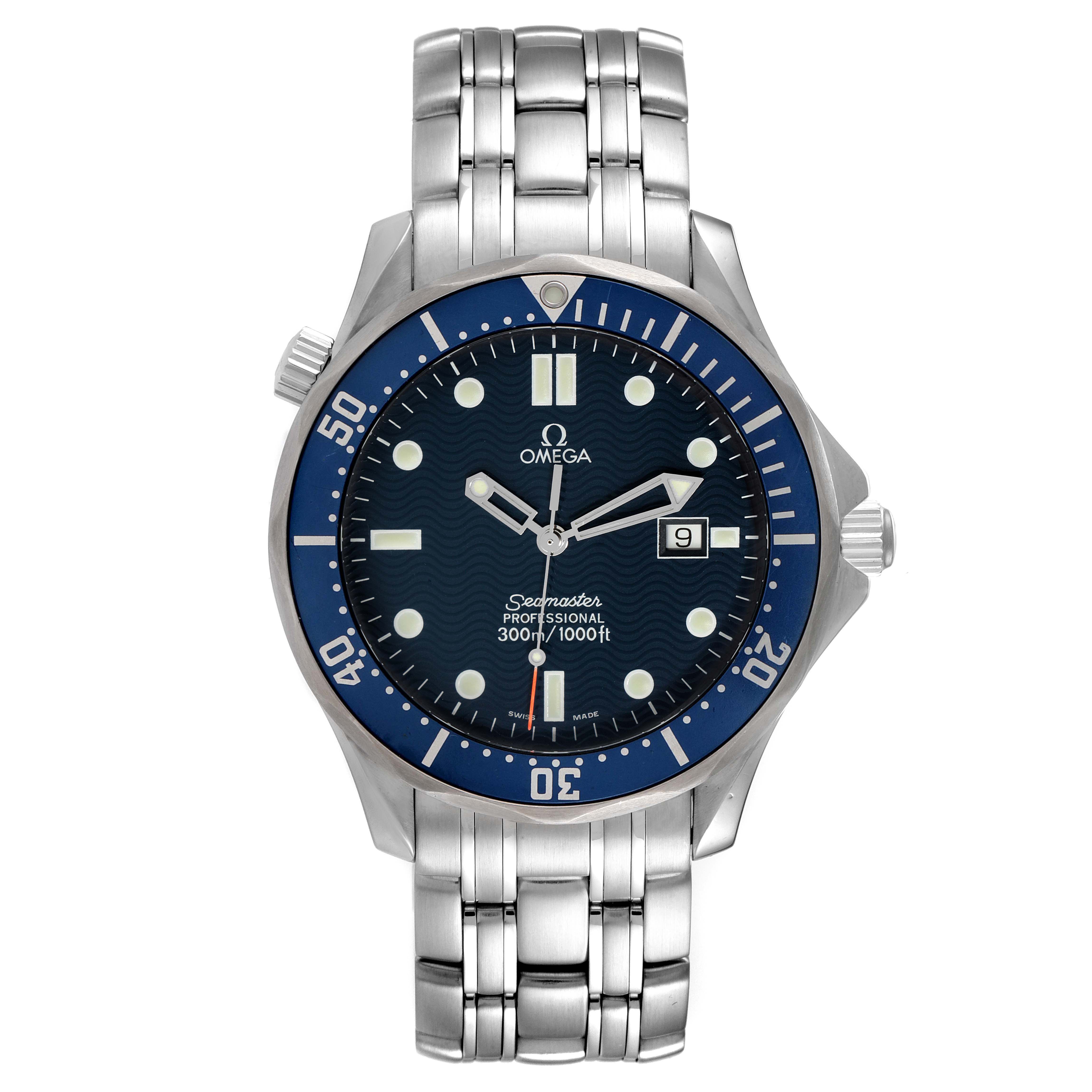 This image shows the front view of the Omega Seamaster 2541.80.00 Men's Stainless Steel Blue Dial 2541.80.00 Men's Stainless Steel Blue Dial watch, highlighting the dial, bezel, hands, markers, and bracelet.