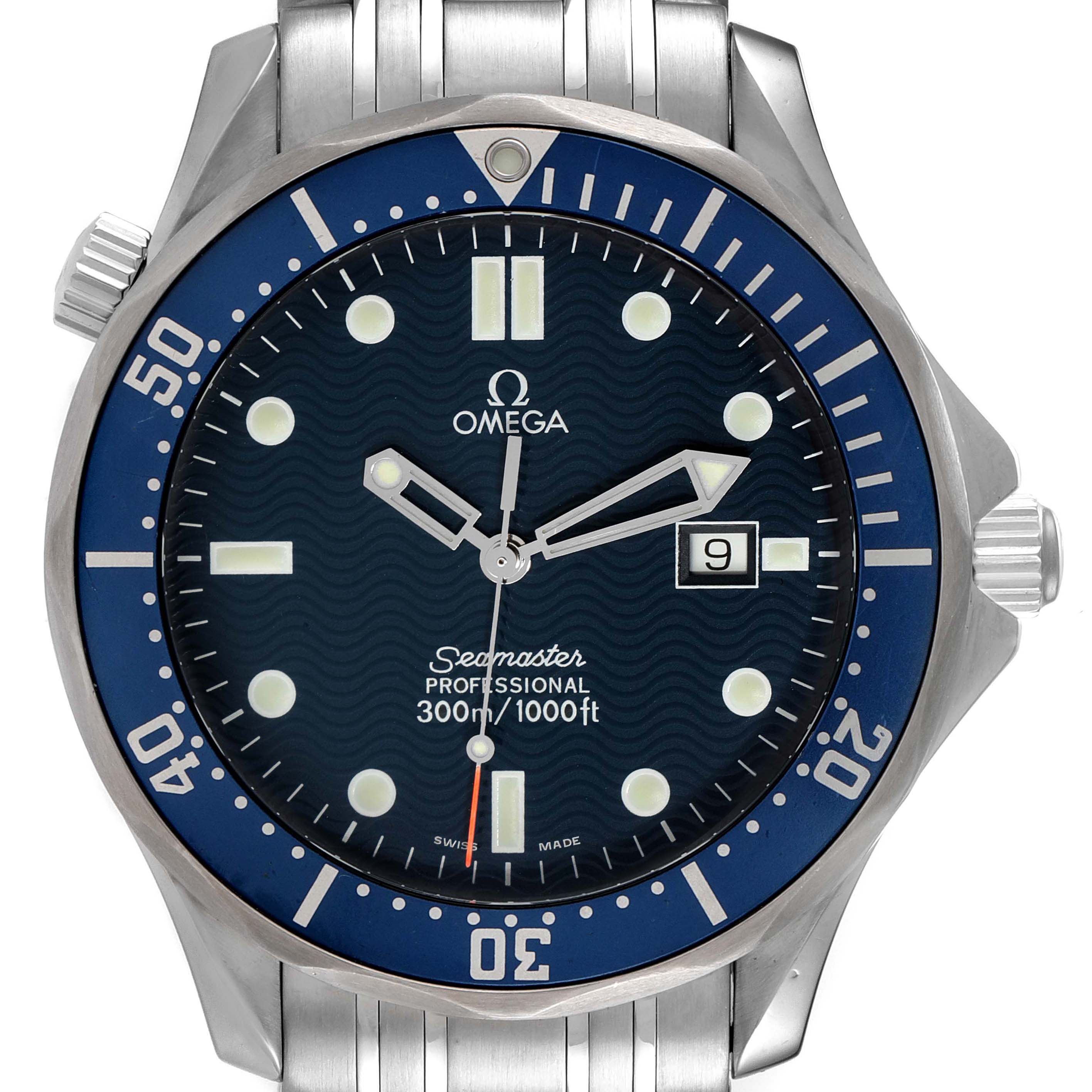 The image shows a front view of the Omega Seamaster 2541.80.00 Men's Stainless Steel Blue Dial 2541.80.00 Men's Stainless Steel Blue Dial watch, including the dial, bezel, hands, date window, and part of the bracelet.