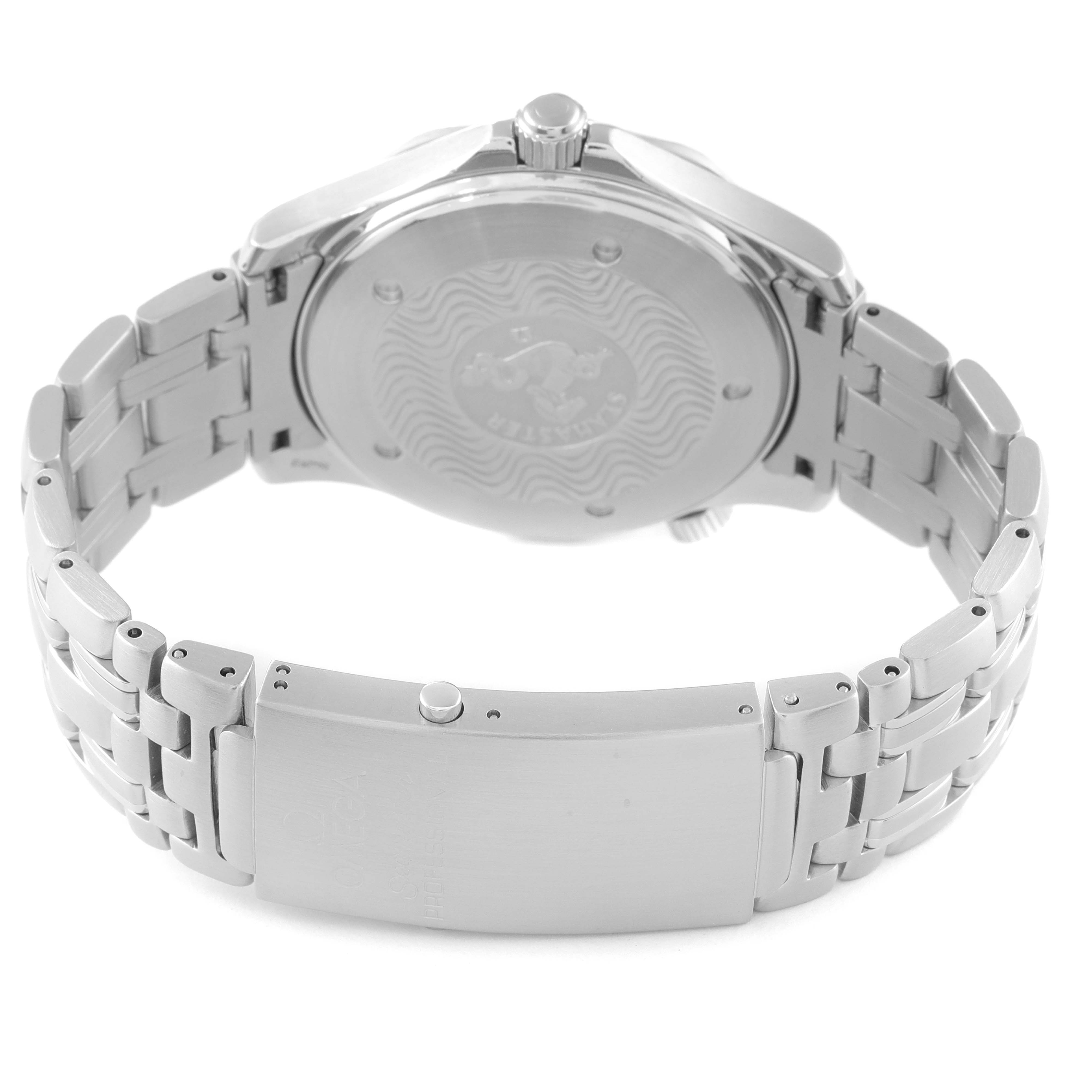 The image shows the back and clasp of the Omega Seamaster 2541.80.00 Men's Stainless Steel Blue Dial 2541.80.00 Men's Stainless Steel Blue Dial watch, highlighting its stainless steel bracelet and case back with logo.