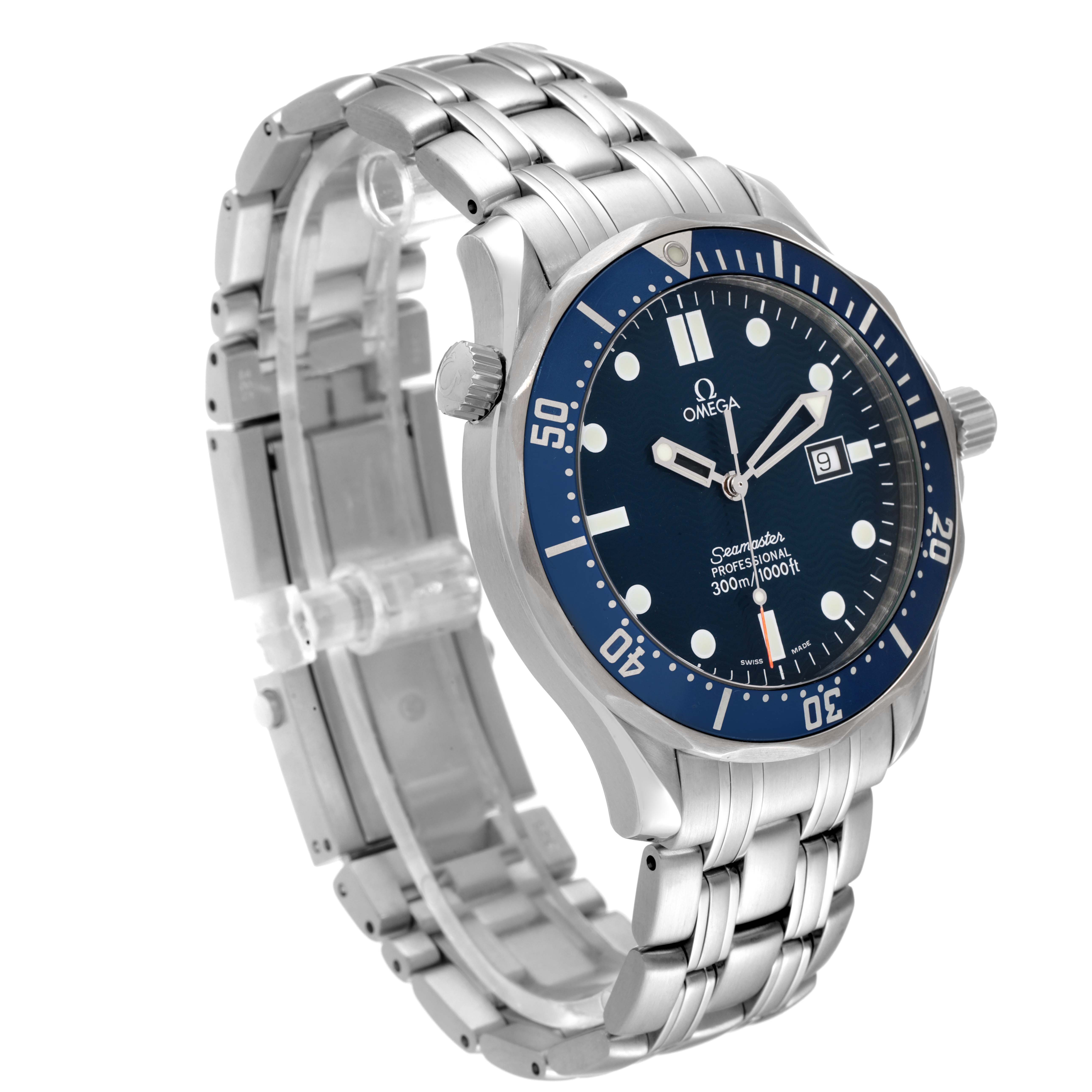 The Omega Seamaster 2541.80.00 Men's Stainless Steel Blue Dial 2541.80.00 Men's Stainless Steel Blue Dial watch is shown from an angled side view, highlighting its blue dial, bezel, and stainless steel bracelet.