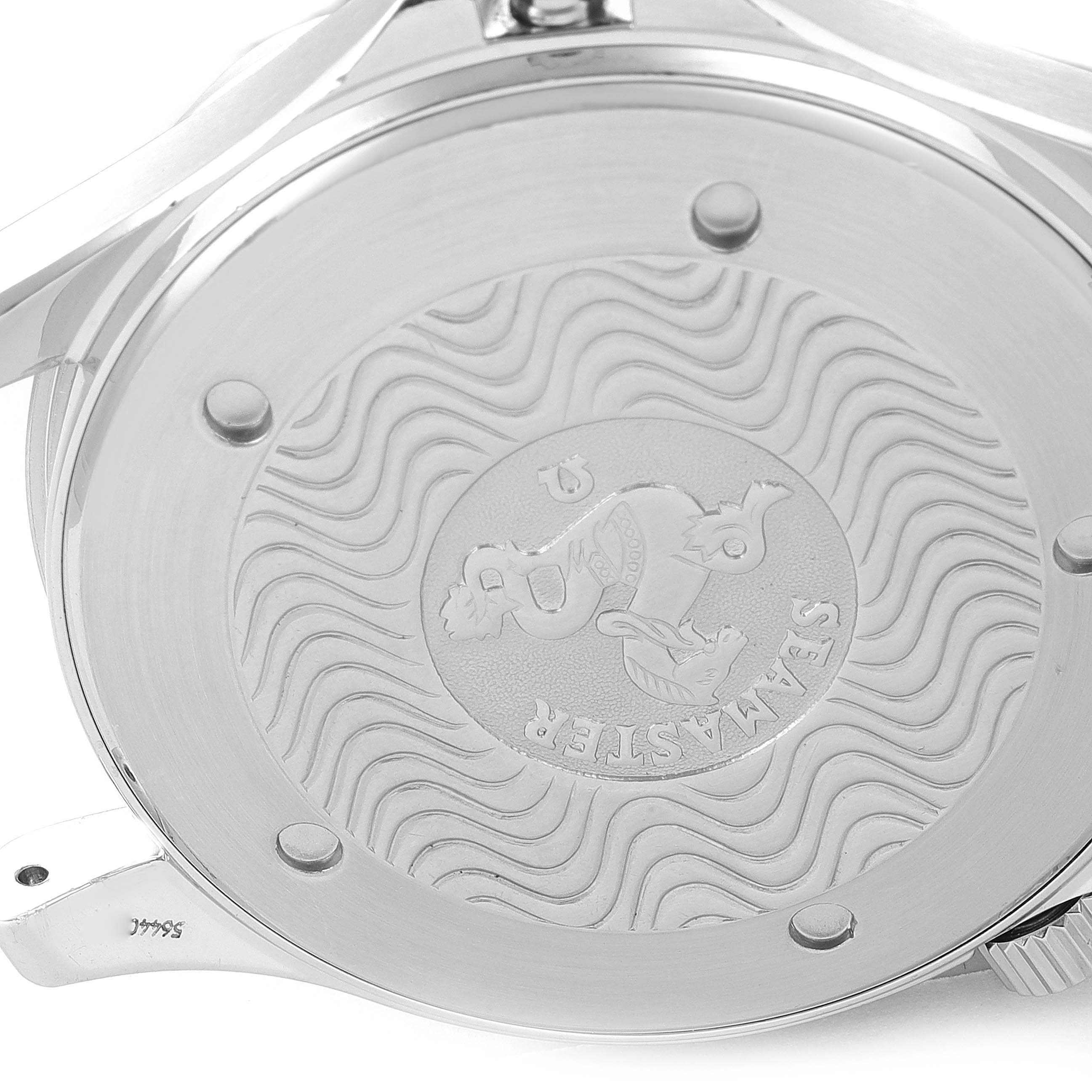 The image shows the case back of an Omega Seamaster 2541.80.00 Men's Stainless Steel Blue Dial 2541.80.00 Men's Stainless Steel Blue Dial watch, featuring the engraved wave pattern and the Seamaster logo.