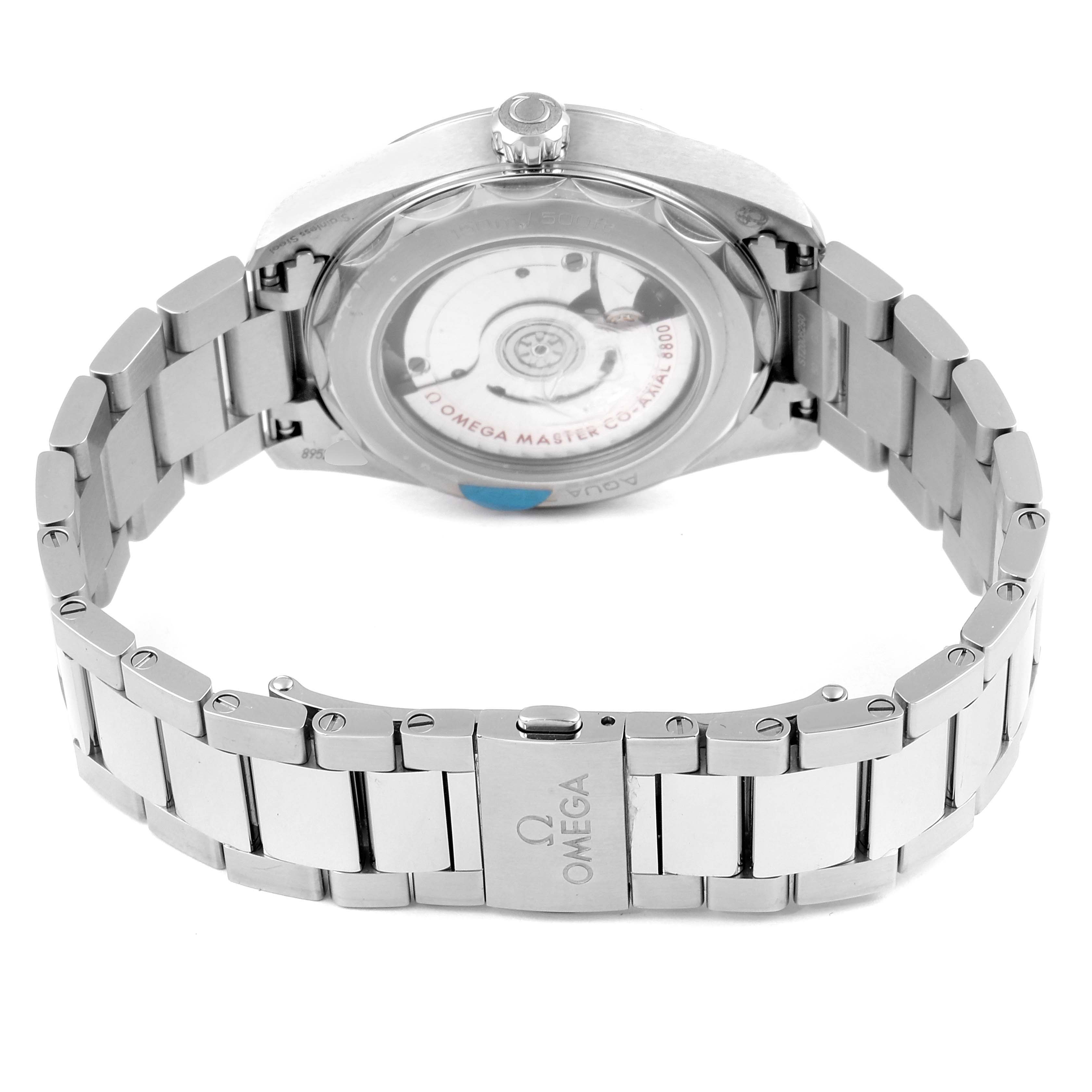 The image shows the back view of the Omega Aqua Terra 220.10.38.20.01.001  Men's Stainless Steel Black Dial 220.10.38.20.01.001  Men's Stainless Steel Black Dial watch, highlighting the case back and the stainless steel bracelet.