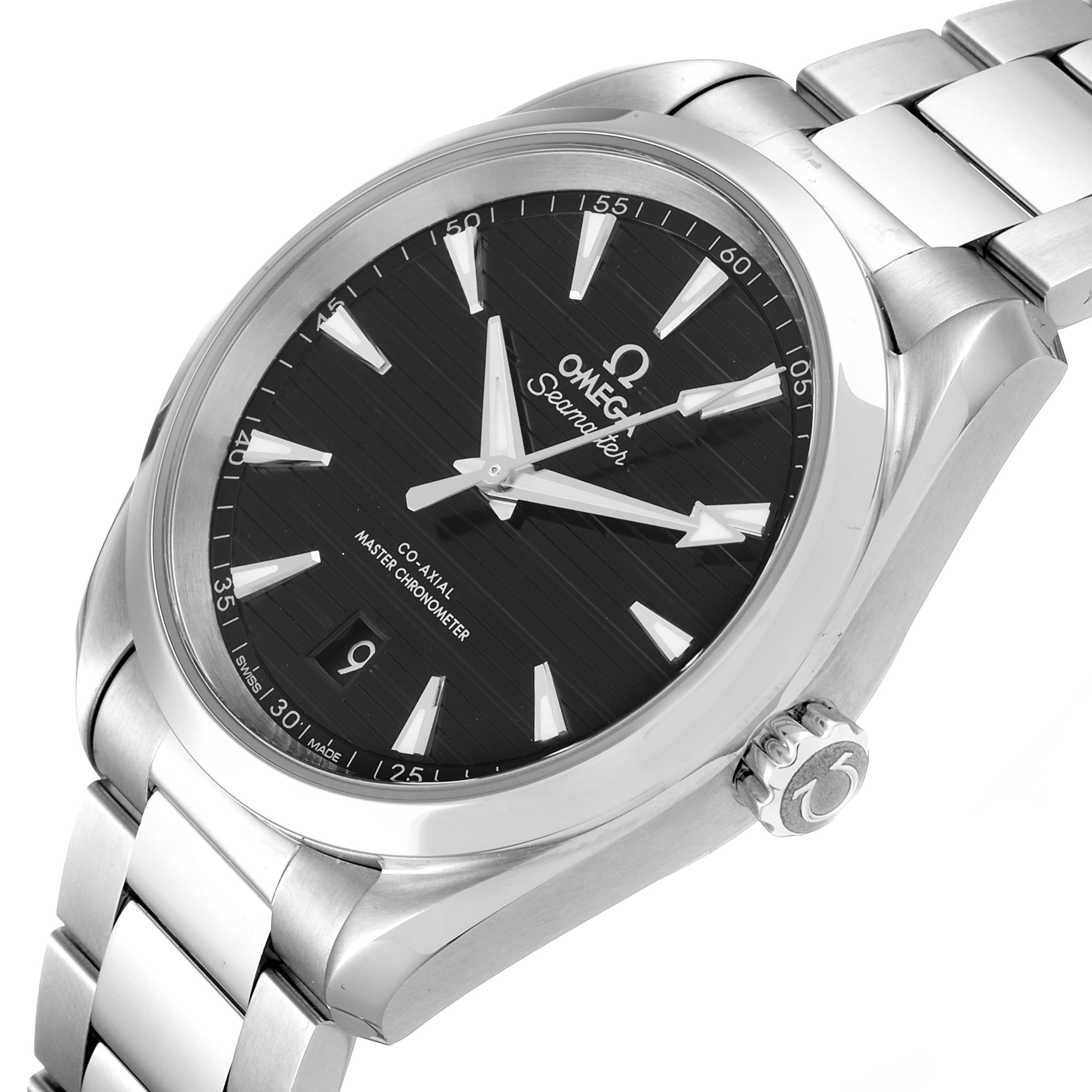 The image shows an angled view of the Aqua Terra model watch by Omega, featuring its face, casing, and part of the bracelet.