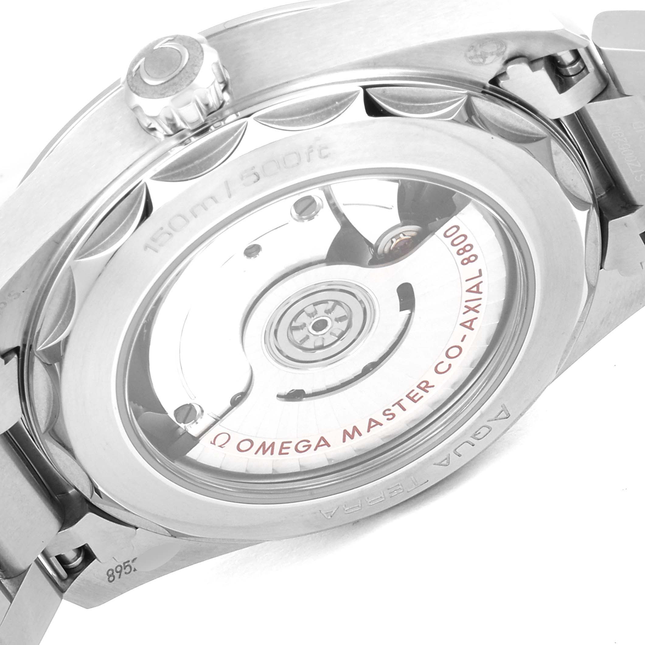 The image shows the back view of an Omega Aqua Terra 220.10.38.20.01.001  Men's Stainless Steel Black Dial 220.10.38.20.01.001  Men's Stainless Steel Black Dial watch, highlighting its transparent case back and visible Omega Master Co-Axial 8800 movement.