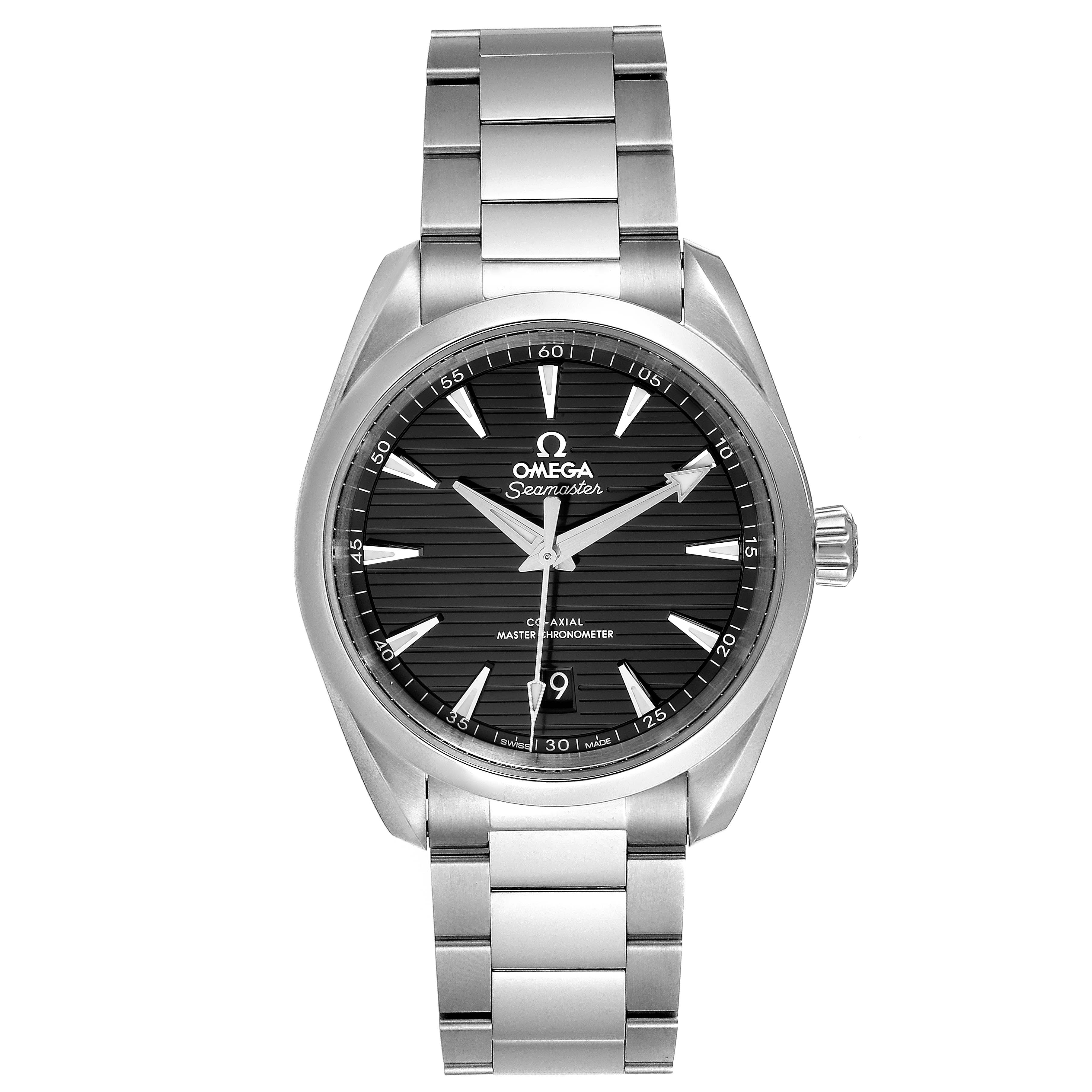 The image shows a frontal view of the Omega Aqua Terra 220.10.38.20.01.001  Men's Stainless Steel Black Dial 220.10.38.20.01.001  Men's Stainless Steel Black Dial watch, featuring its dial, bezel, case, and metal bracelet.