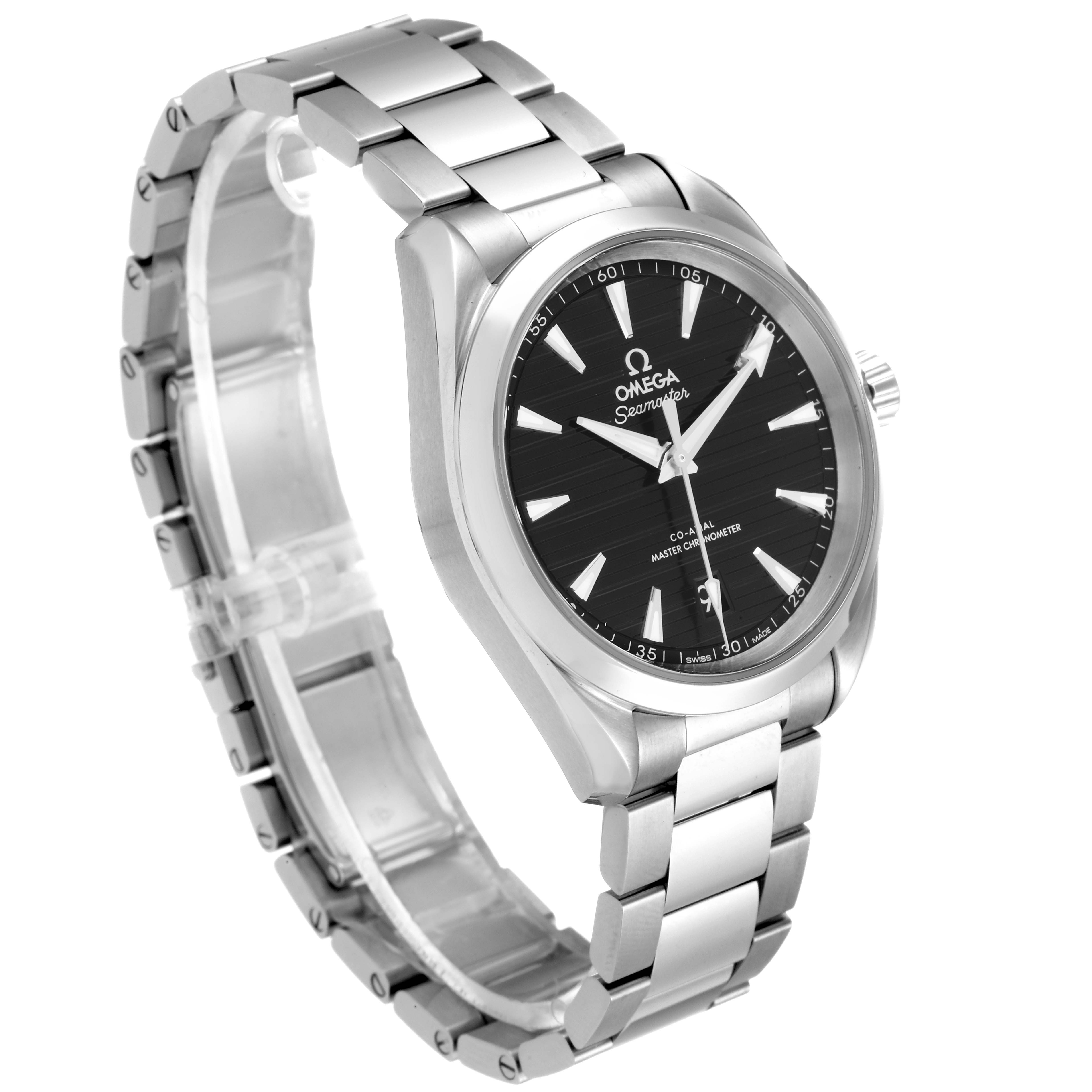 The Omega Aqua Terra 220.10.38.20.01.001  Men's Stainless Steel Black Dial 220.10.38.20.01.001  Men's Stainless Steel Black Dial watch is shown at a three-quarter angle, highlighting the black dial, stainless steel bracelet, and case.