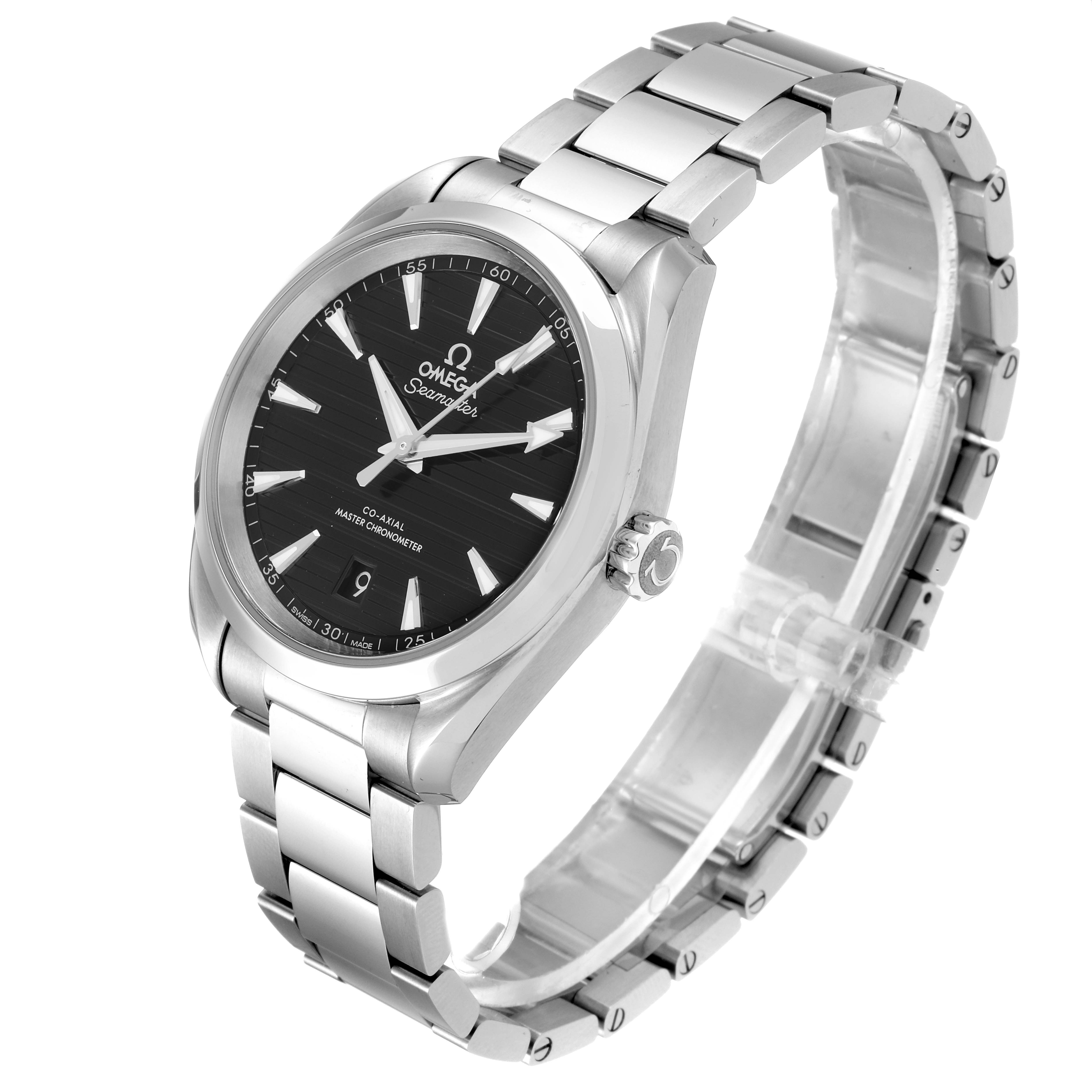 The Omega Aqua Terra 220.10.38.20.01.001  Men's Stainless Steel Black Dial 220.10.38.20.01.001  Men's Stainless Steel Black Dial watch is shown at an angle, displaying the dial, bracelet, and crown.
