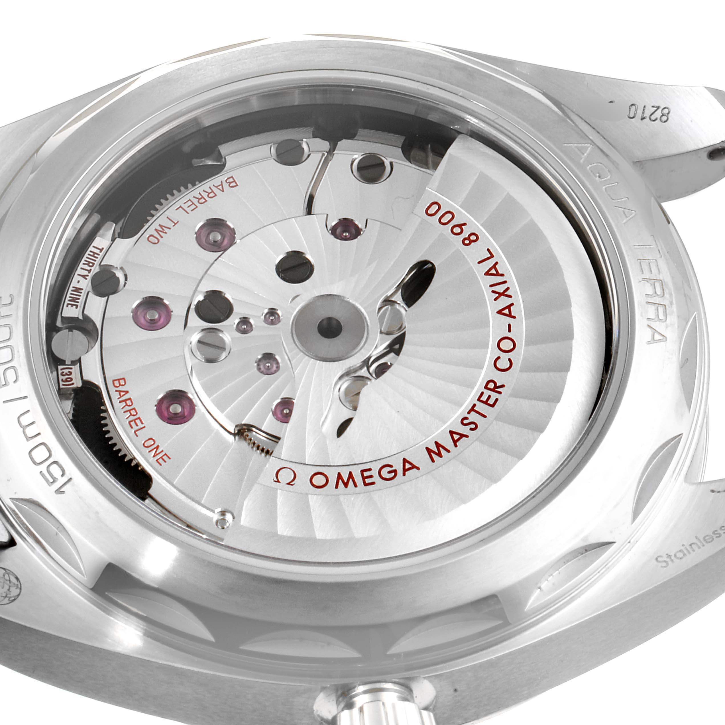 The image shows the back of the Omega Aqua Terra 220.10.41.21.01.001 Men's Stainless Steel Black Dial 220.10.41.21.01.001 Men's Stainless Steel Black Dial watch, highlighting the movement and internal mechanism details.