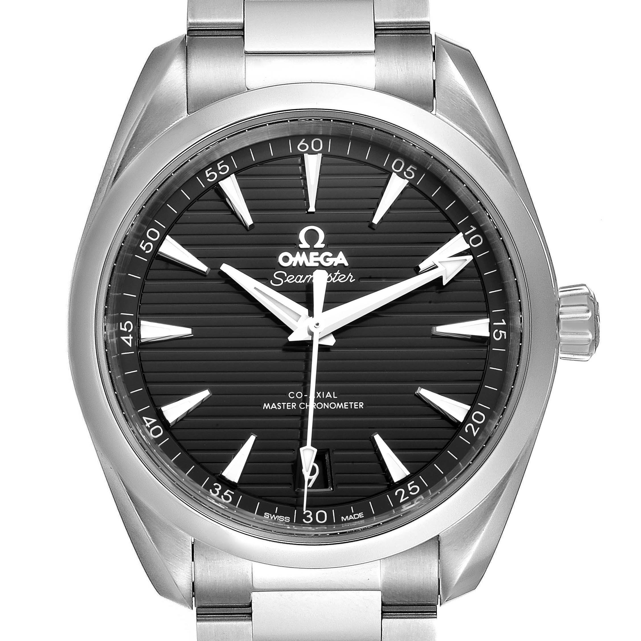 The image shows a frontal view of the Omega Aqua Terra 220.10.41.21.01.001 Men's Stainless Steel Black Dial 220.10.41.21.01.001 Men's Stainless Steel Black Dial watch, highlighting its dial, hands, bezel, and part of the bracelet.