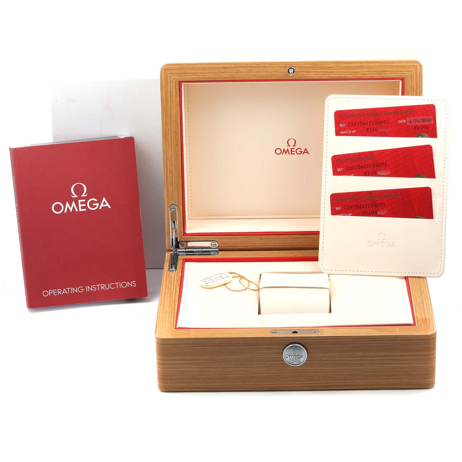 The image shows Omega Aqua Terra 220.10.41.21.01.001 Men's Stainless Steel Black Dial 220.10.41.21.01.001 Men's Stainless Steel Black Dial’s wooden box, red operating instructions, and warranty cards.