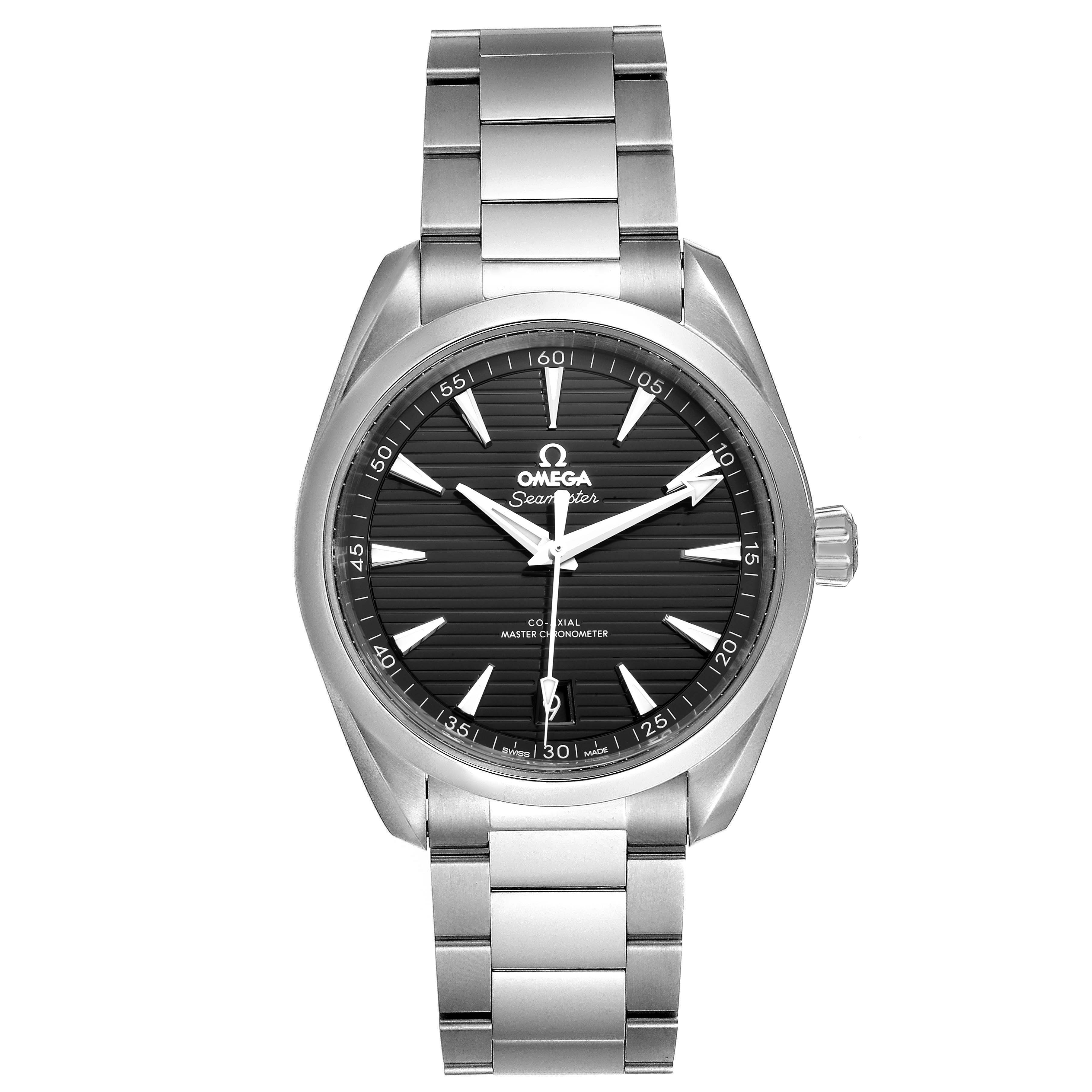 The image shows a front view of the Omega Aqua Terra 220.10.41.21.01.001 Men's Stainless Steel Black Dial 220.10.41.21.01.001 Men's Stainless Steel Black Dial watch, displaying its face, bezel, and metal bracelet.