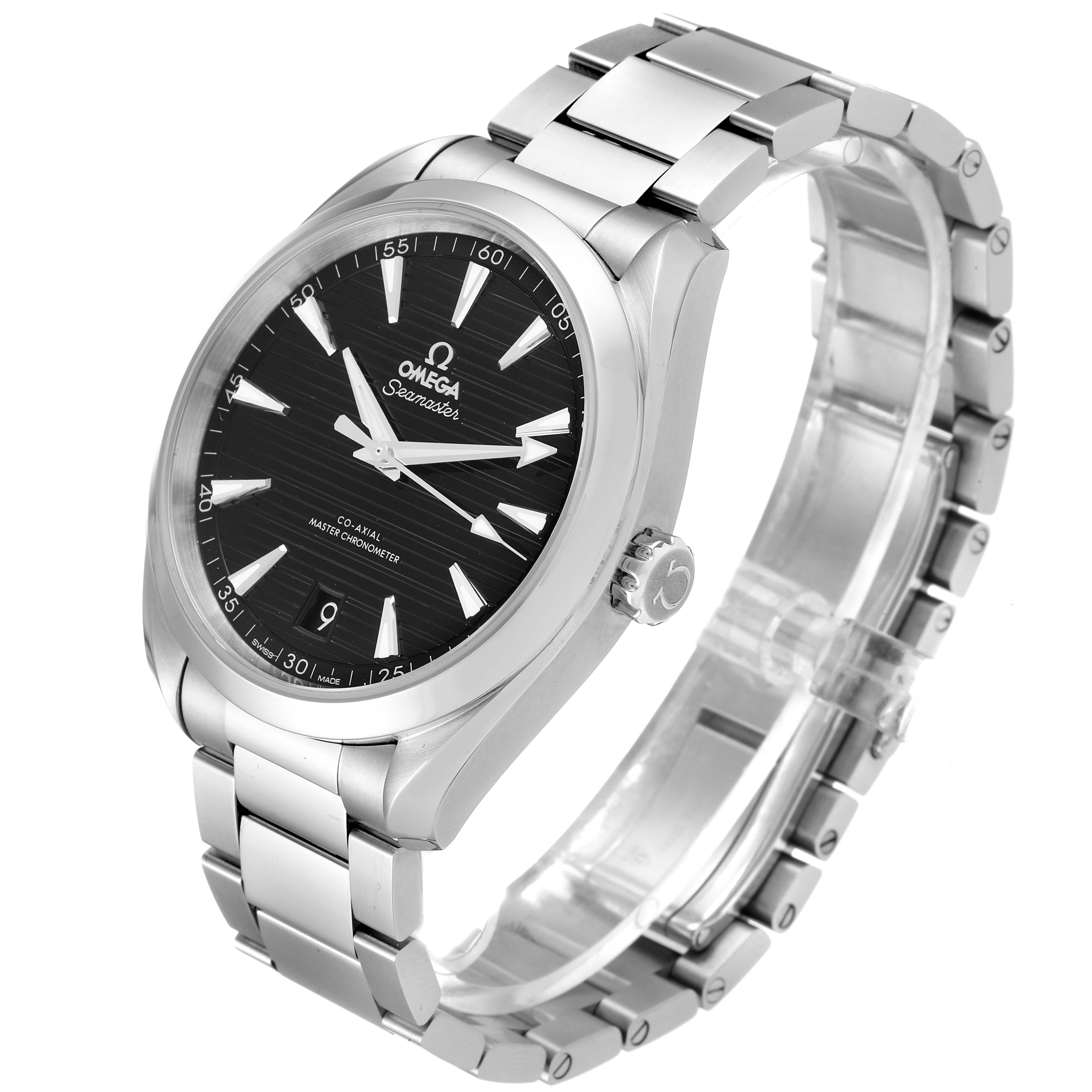 The image shows an Omega Aqua Terra 220.10.41.21.01.001 Men's Stainless Steel Black Dial 220.10.41.21.01.001 Men's Stainless Steel Black Dial watch at a three-quarter angle, highlighting the face, bezel, crown, and bracelet.