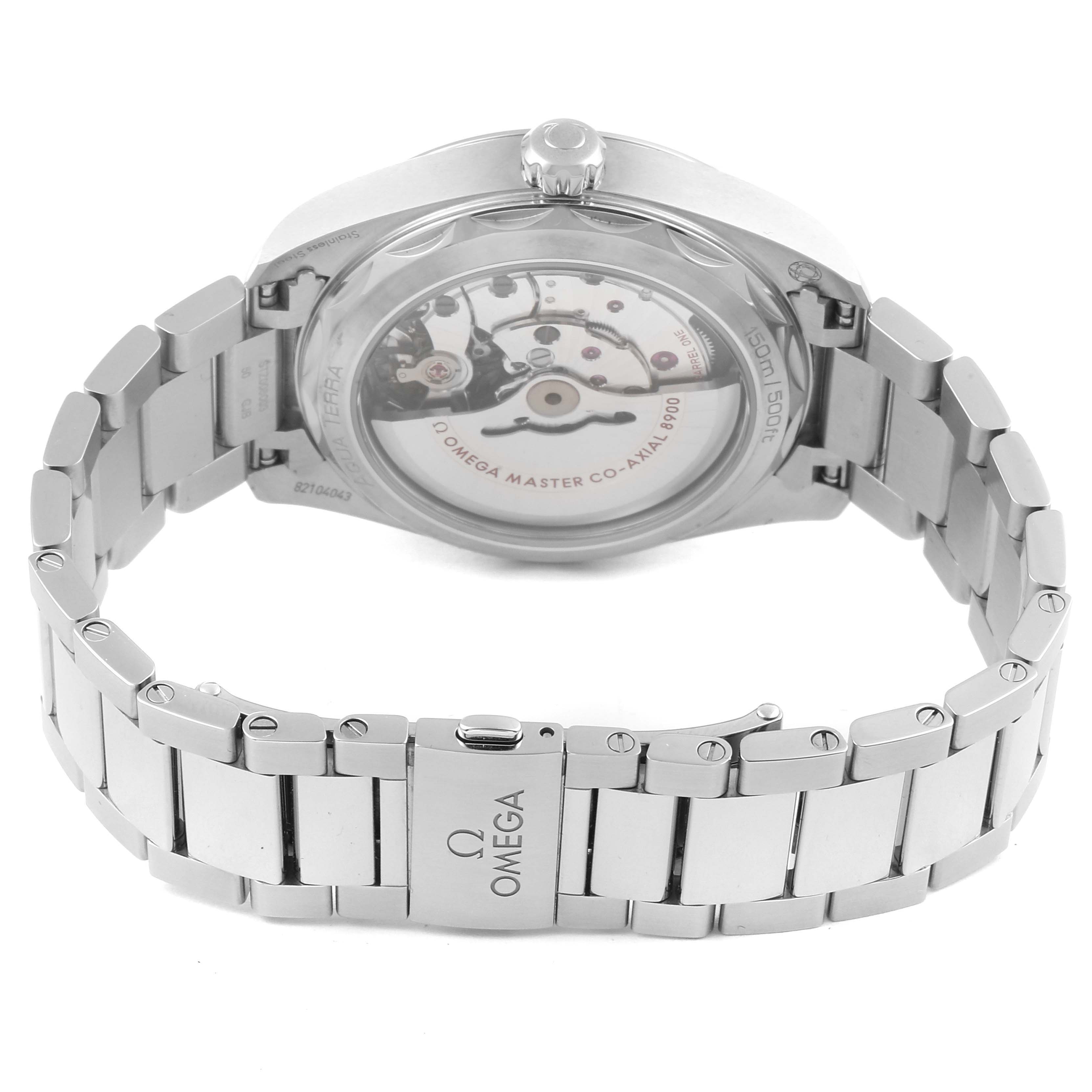 The image shows the back view of the Omega Aqua Terra 220.10.41.21.01.001 Men's Stainless Steel Black Dial 220.10.41.21.01.001 Men's Stainless Steel Black Dial watch, highlighting the case back and metallic bracelet.