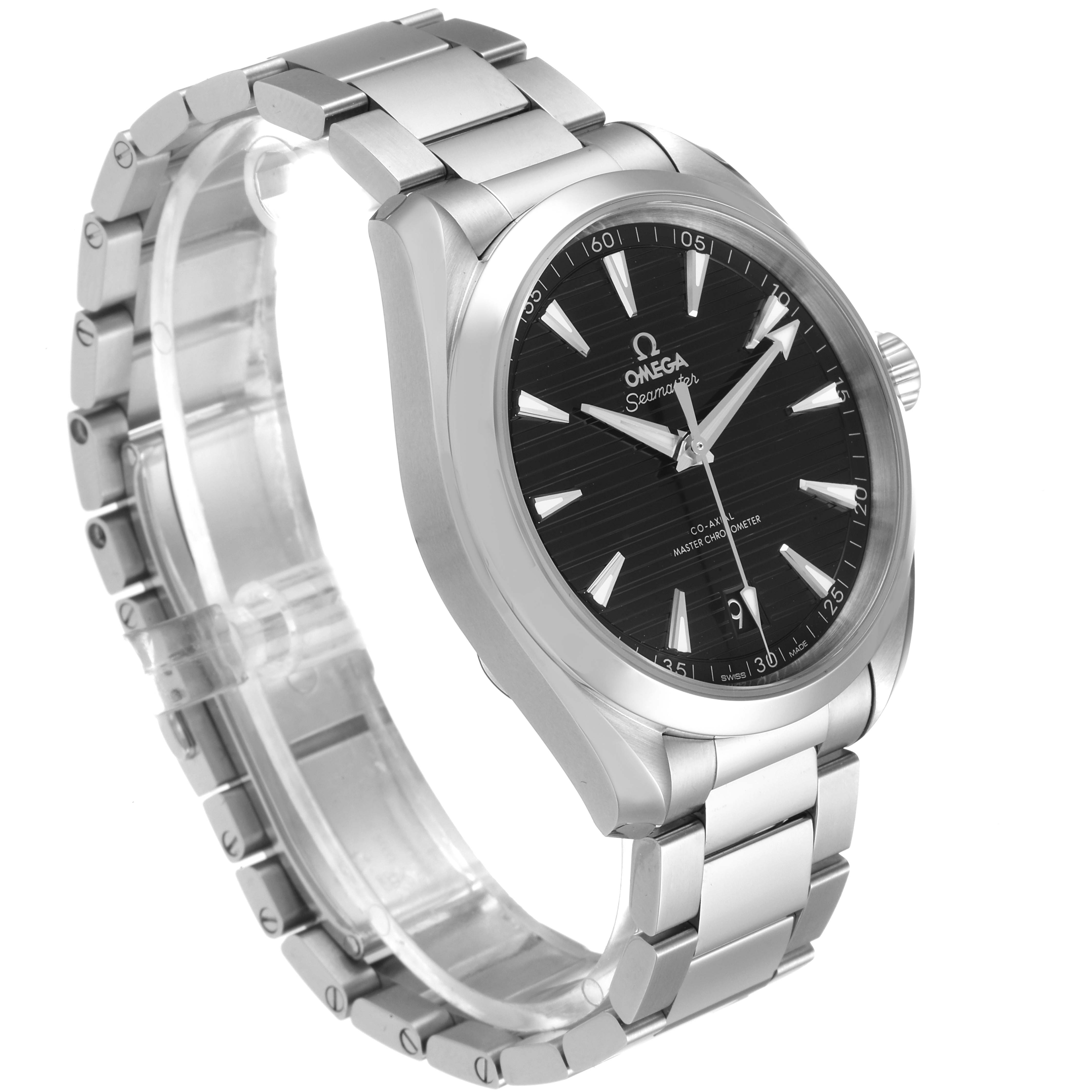 The image shows the Omega Aqua Terra 220.10.41.21.01.001 Men's Stainless Steel Black Dial 220.10.41.21.01.001 Men's Stainless Steel Black Dial watch at a three-quarter angle, highlighting its face, bracelet, and crown.