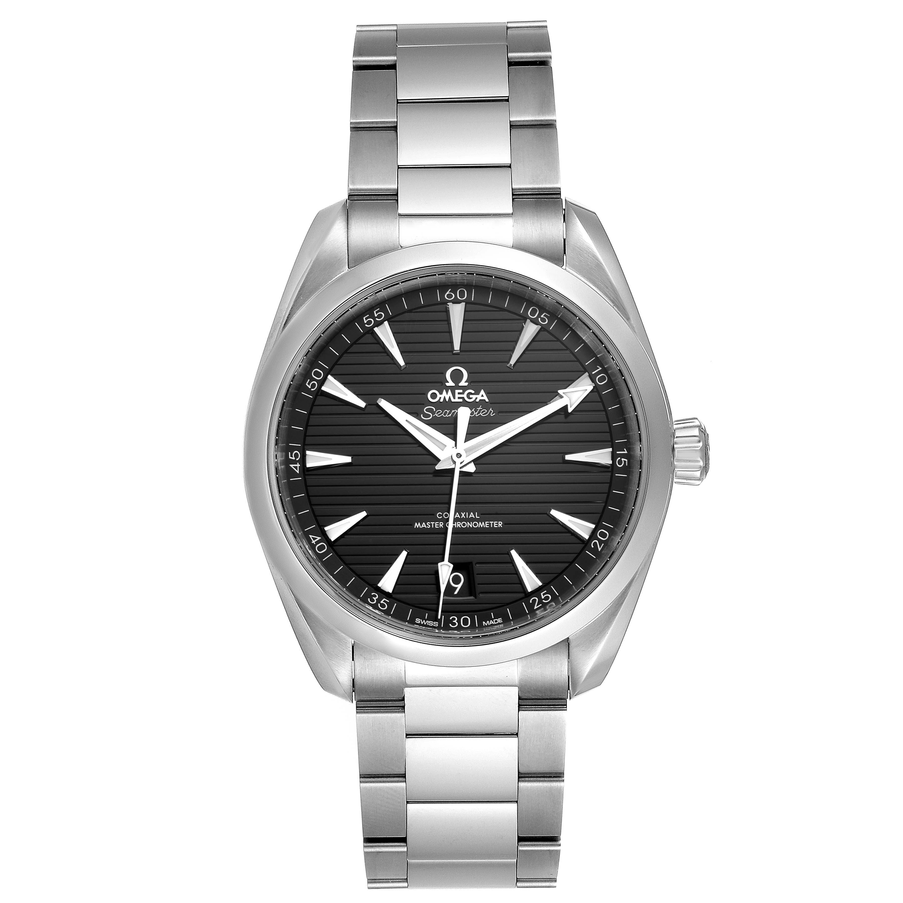 This image shows a front view of the Omega Aqua Terra 220.10.41.21.01.001 Men's Stainless Steel Black Dial 220.10.41.21.01.001 Men's Stainless Steel Black Dial watch, highlighting the dial, hands, bracelet, and crown.