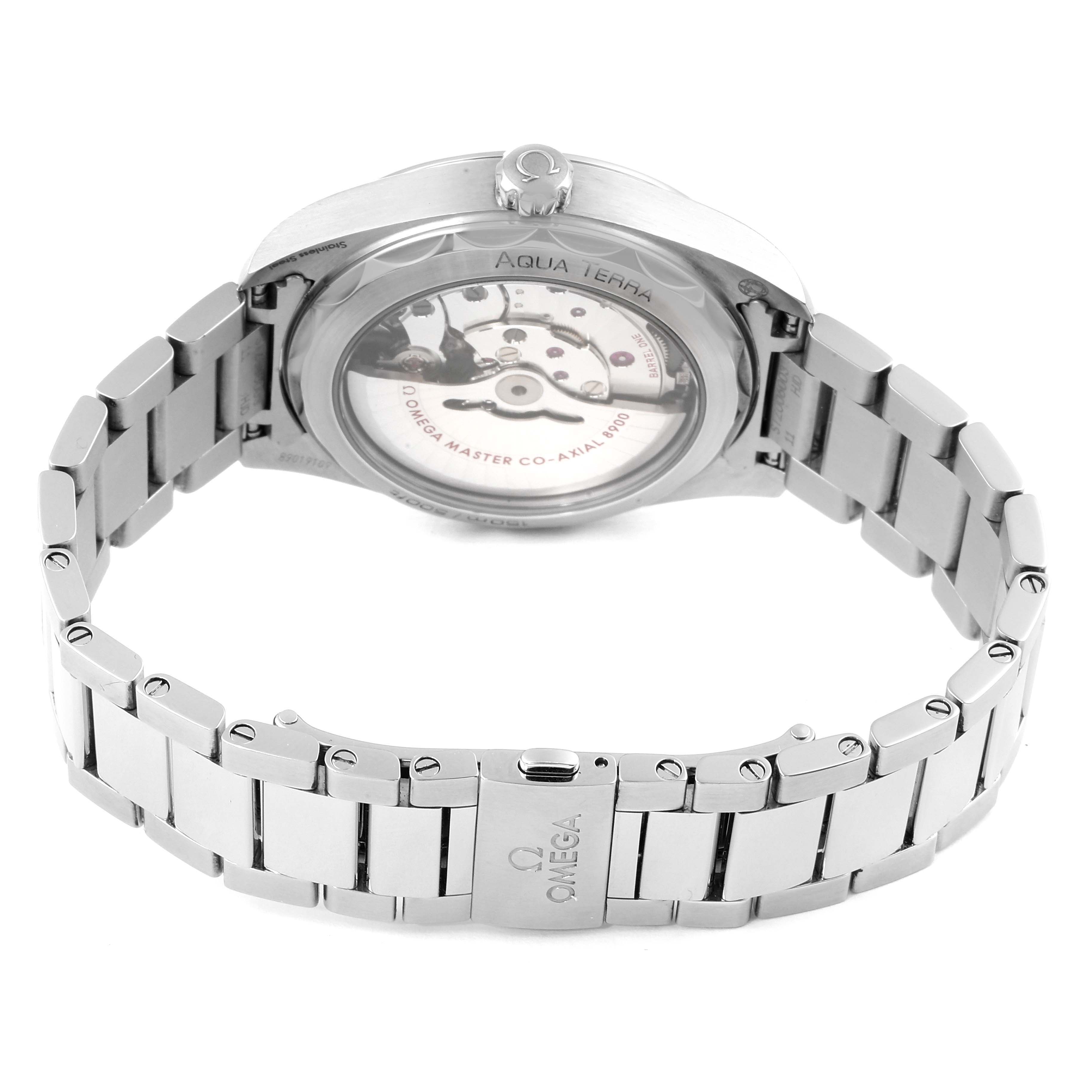 The image shows the back view of the Omega Aqua Terra 220.10.41.21.01.001 Men's Stainless Steel Black Dial 220.10.41.21.01.001 Men's Stainless Steel Black Dial watch, highlighting the open case back revealing the movement and the metal bracelet.