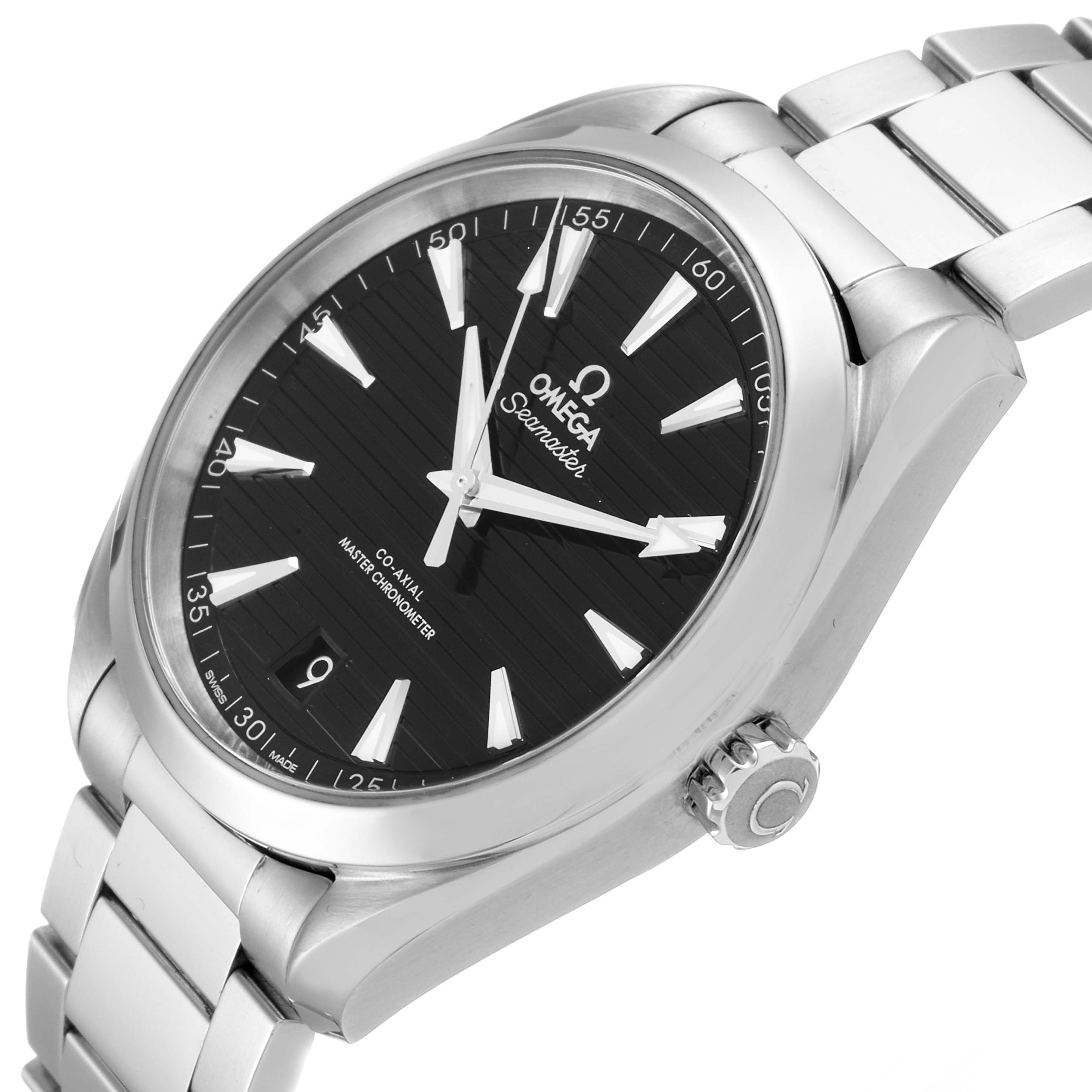 The image shows an Omega Aqua Terra 220.10.41.21.01.001 Men's Stainless Steel Black Dial 220.10.41.21.01.001 Men's Stainless Steel Black Dial watch from an angled top and side view, highlighting its dial, crown, and bracelet.