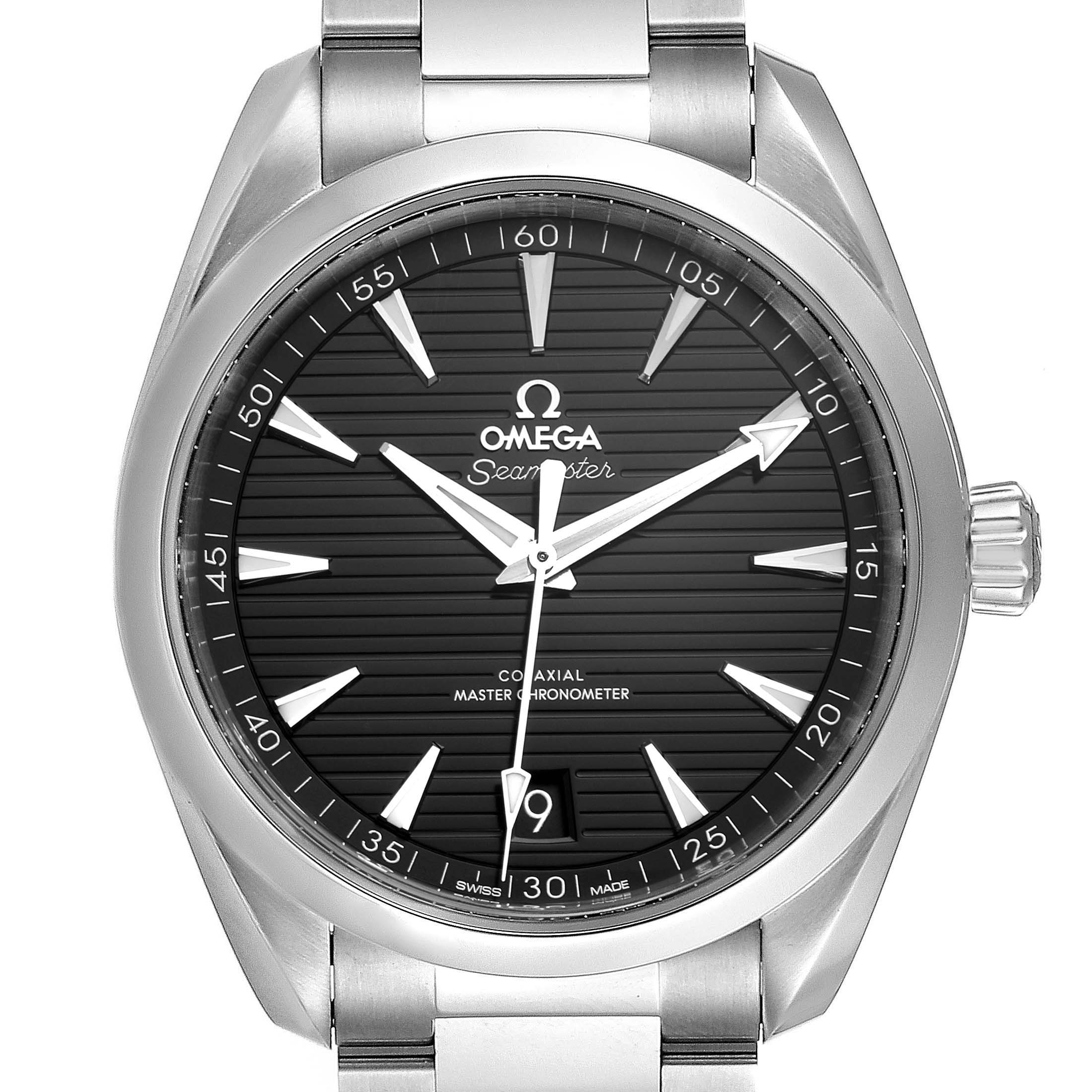 The image shows a front view of an Omega Aqua Terra 220.10.41.21.01.001 Men's Stainless Steel Black Dial 220.10.41.21.01.001 Men's Stainless Steel Black Dial model watch, highlighting its black dial, silver indices, and metal bracelet.