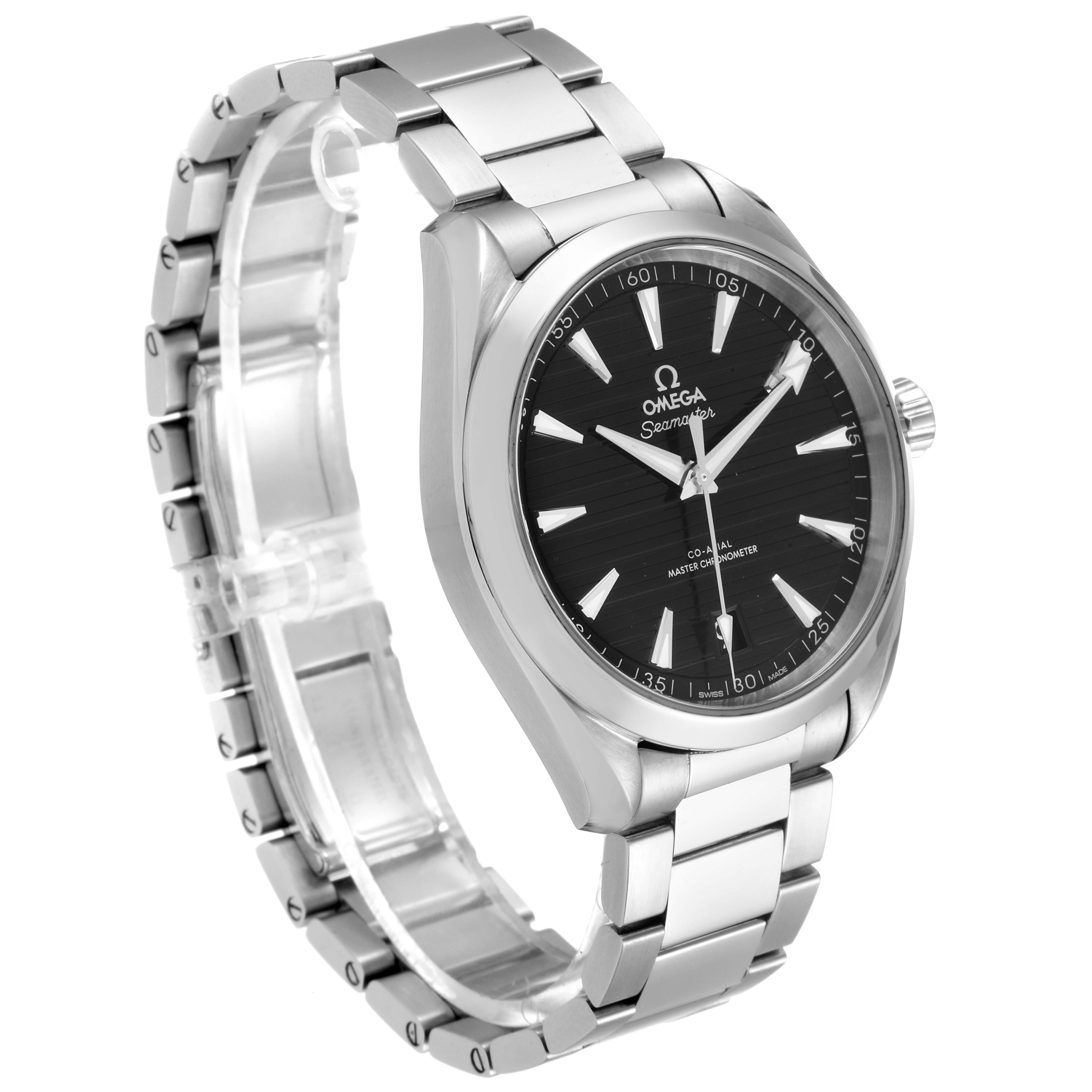 The image shows the Omega Aqua Terra 220.10.41.21.01.001 Men's Stainless Steel Black Dial 220.10.41.21.01.001 Men's Stainless Steel Black Dial watch at a three-quarter angle, displaying the face, dial, bezel, and stainless steel strap.