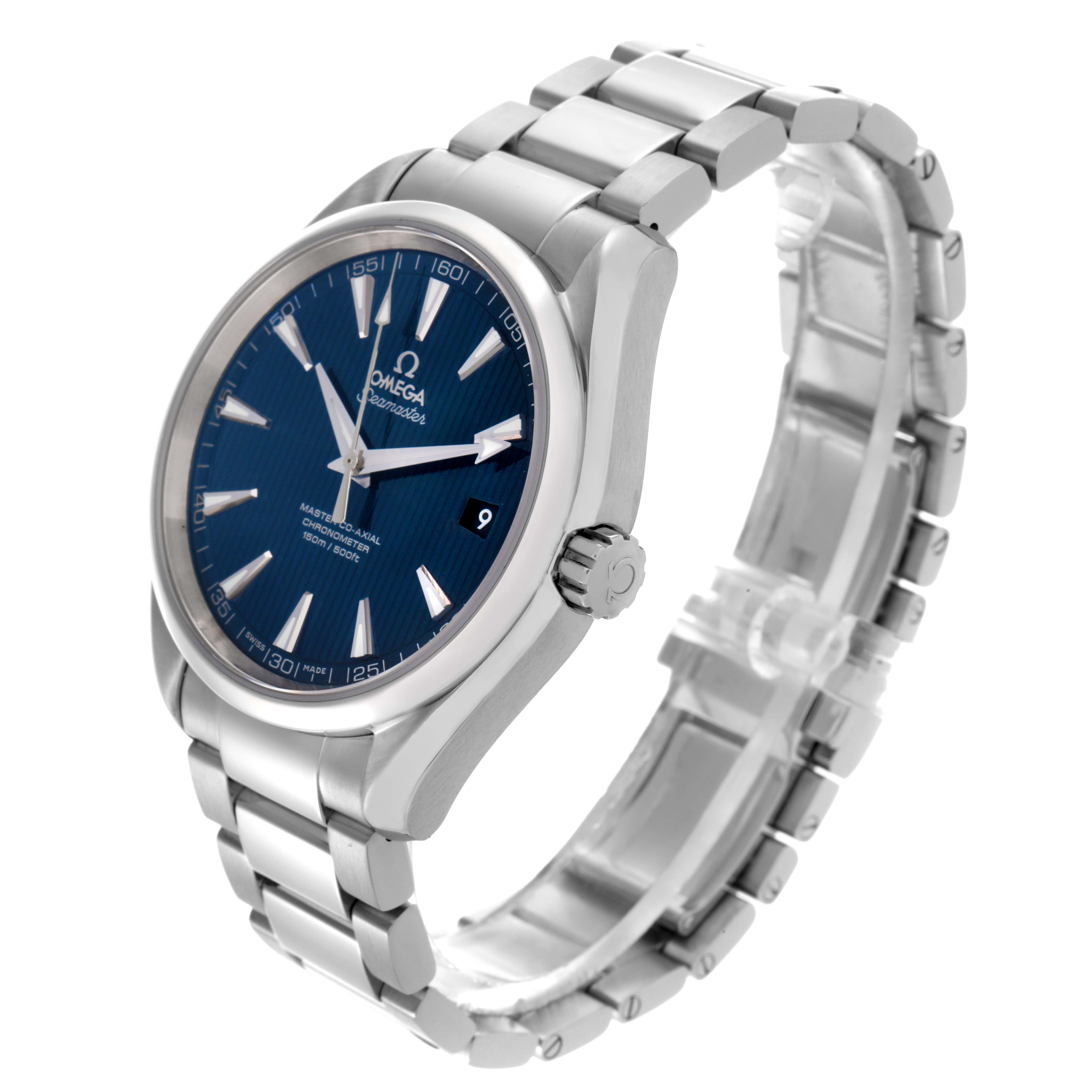 The Omega Aqua Terra 231.10.39.21.03.002 Men's Stainless Steel Blue Dial 231.10.39.21.03.002 Men's Stainless Steel Blue Dial watch is shown at a three-quarter angle, displaying the face, bezel, crown, and bracelet links.