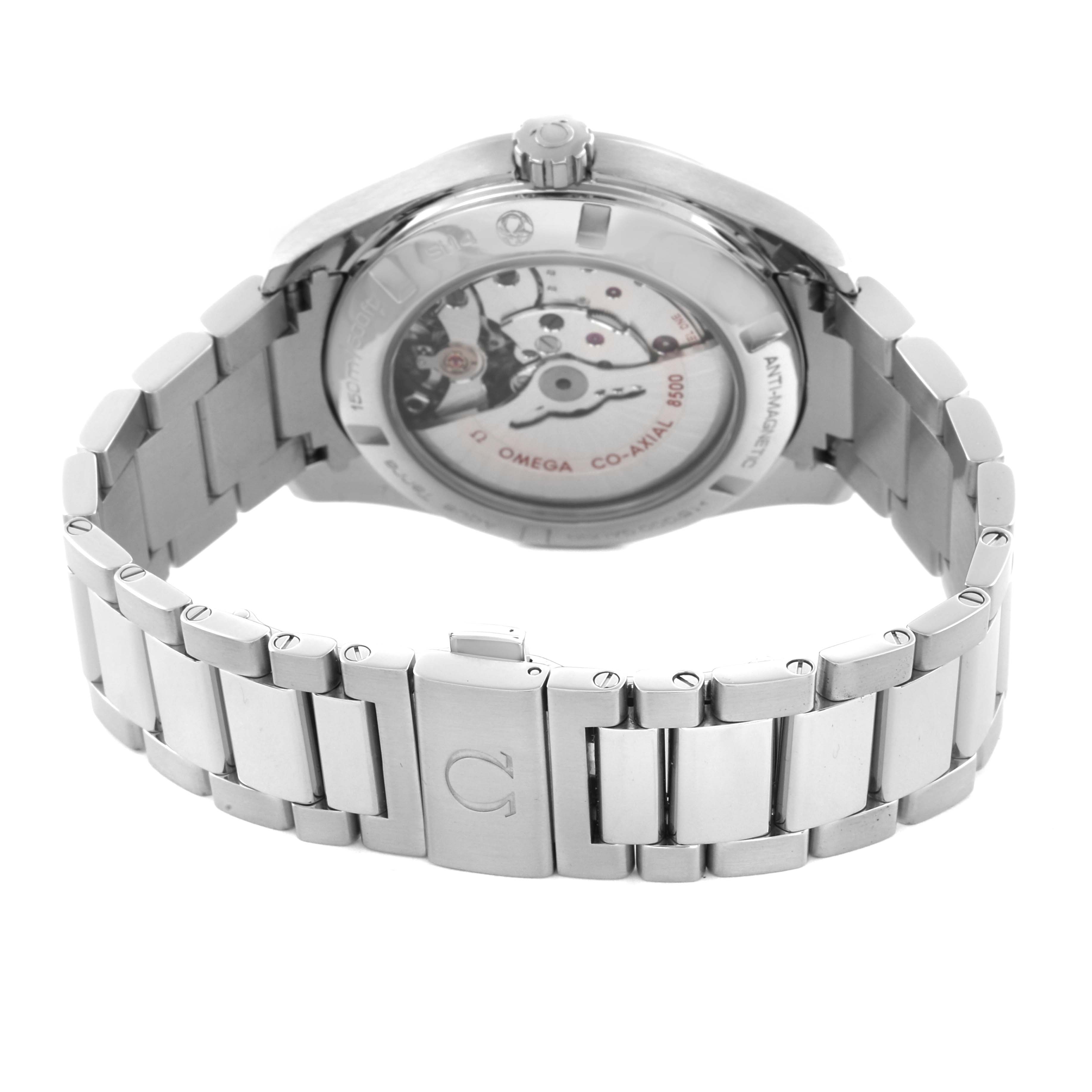 The Omega Aqua Terra 231.10.39.21.03.002 Men's Stainless Steel Blue Dial 231.10.39.21.03.002 Men's Stainless Steel Blue Dial watch is shown from the back, displaying its open case back and metal bracelet.