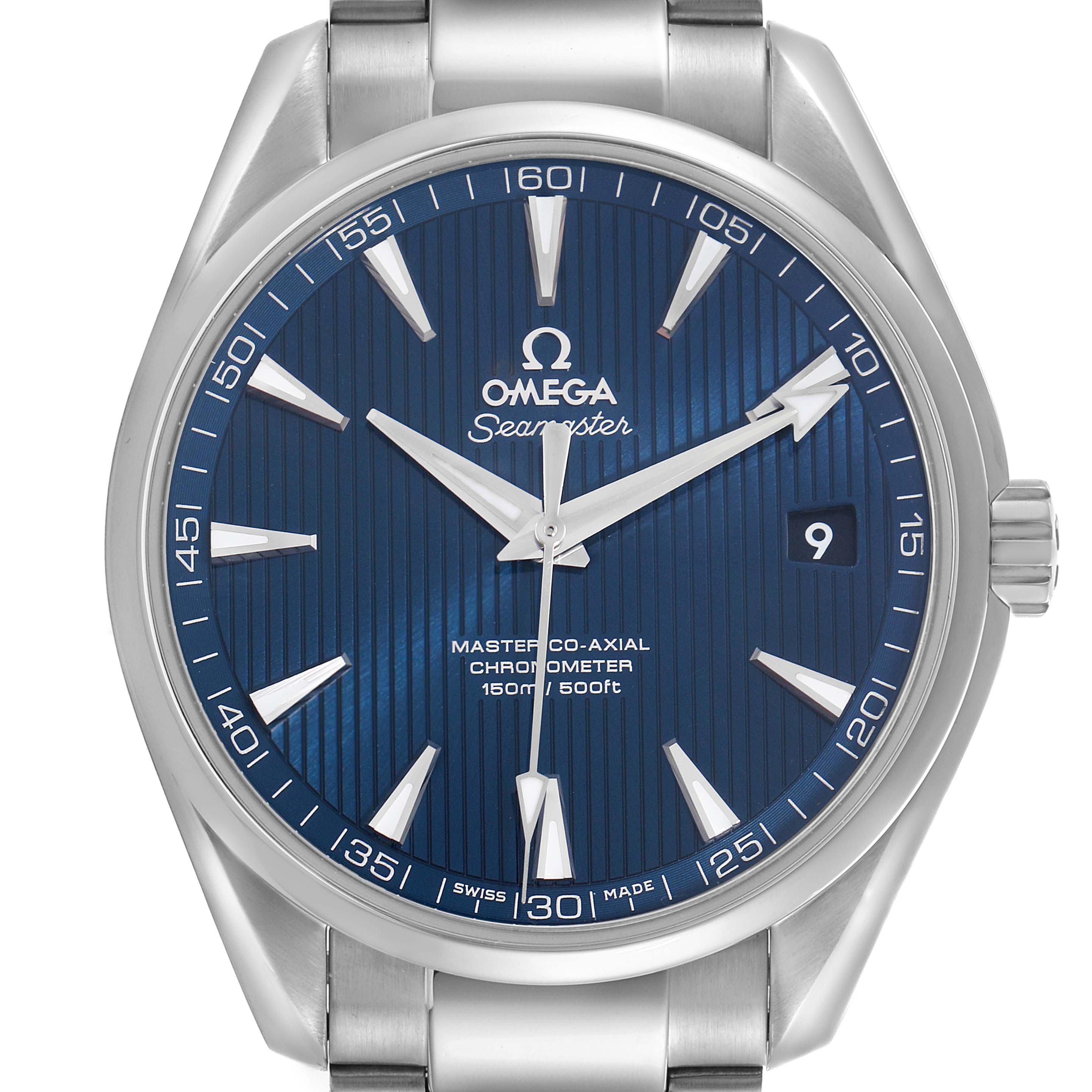 The Omega Aqua Terra 231.10.39.21.03.002 Men's Stainless Steel Blue Dial 231.10.39.21.03.002 Men's Stainless Steel Blue Dial watch is shown from a frontal angle, displaying the full dial, hands, indices, and date window prominently.