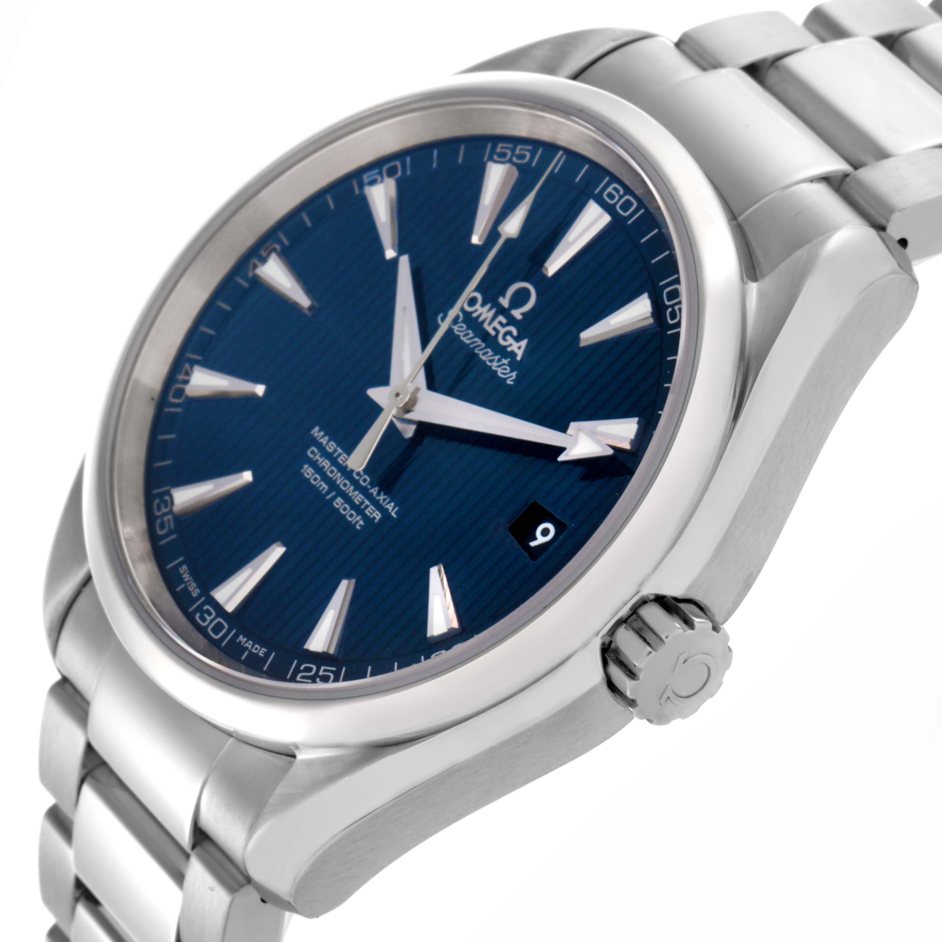The Omega Aqua Terra 231.10.39.21.03.002 Men's Stainless Steel Blue Dial 231.10.39.21.03.002 Men's Stainless Steel Blue Dial watch is shown at a slight angle, highlighting the blue dial, stainless steel bracelet, and crown.